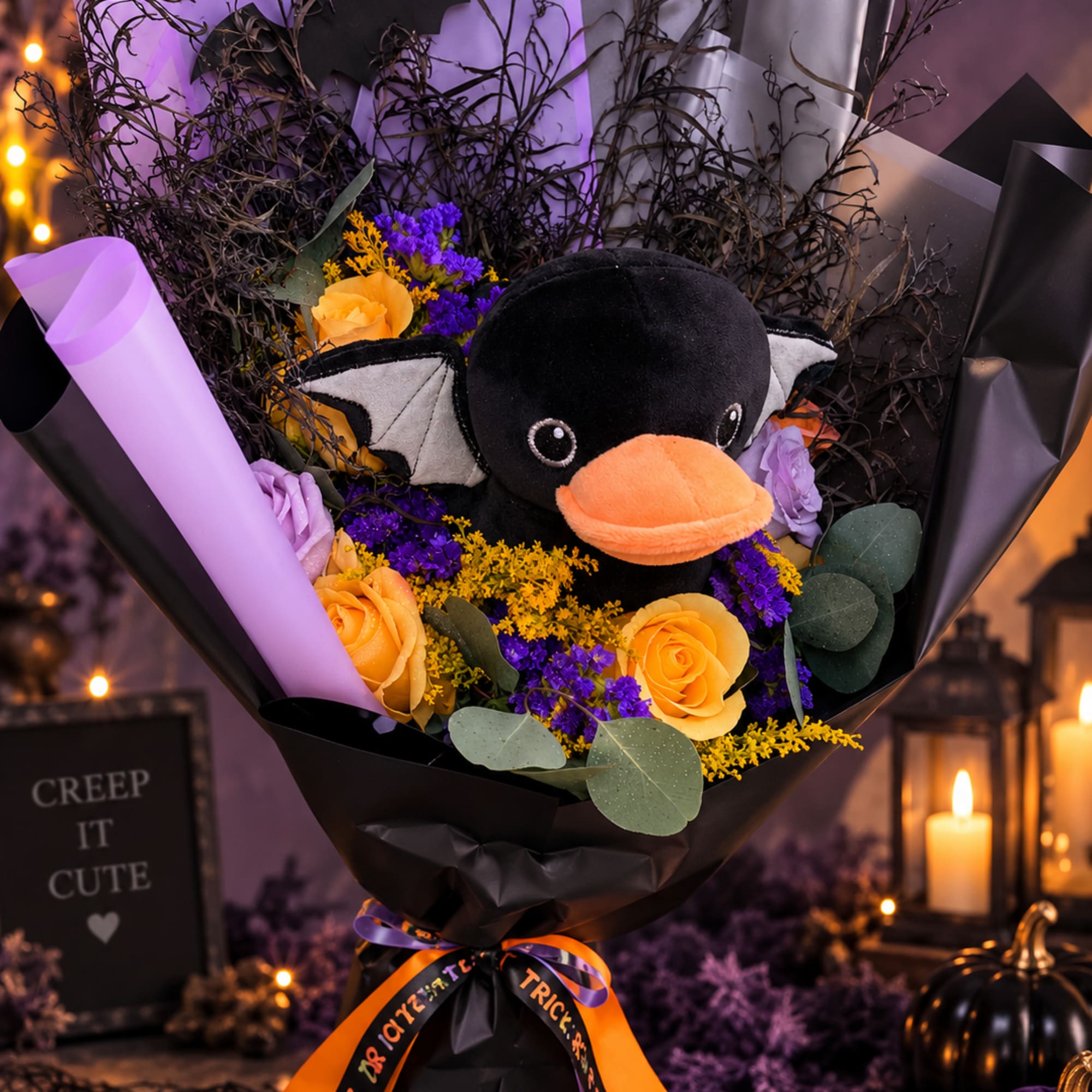 Halloween bouquet with a plush bat and orange roses in black wrapping