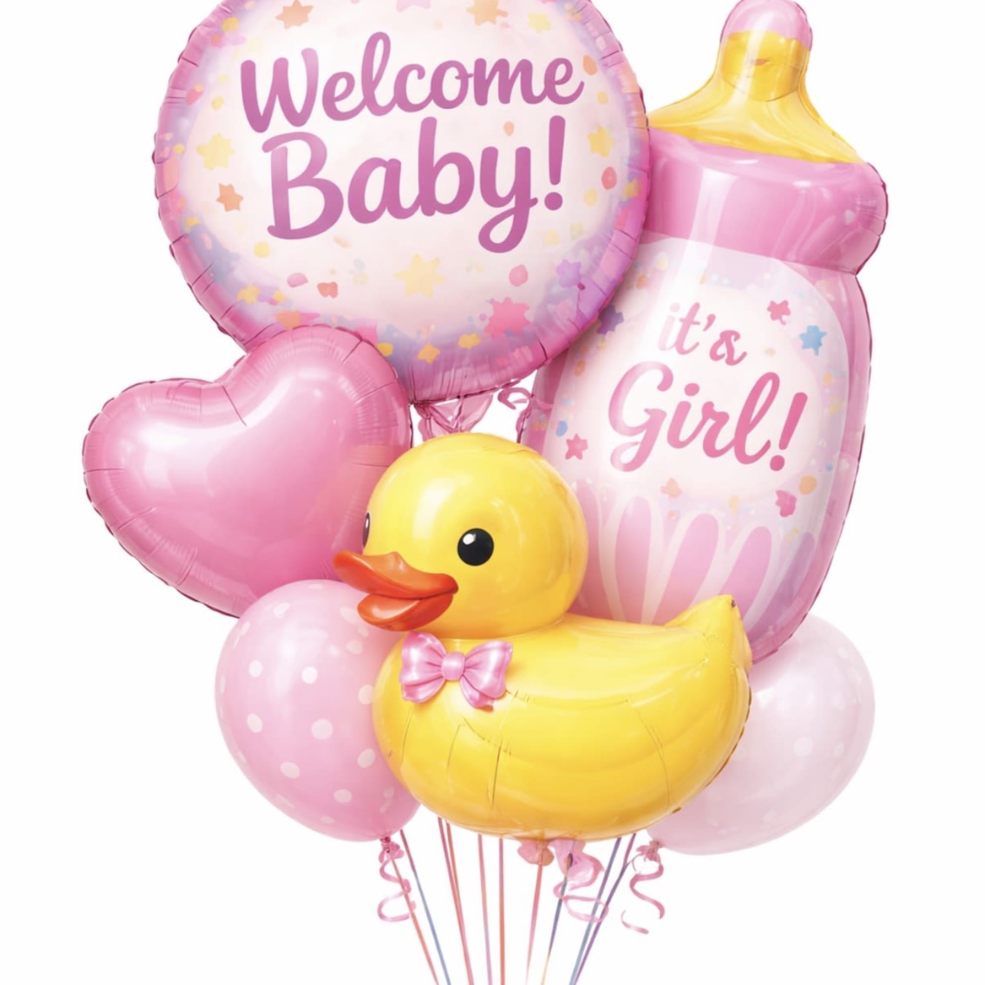 This playful Baby Girl  Balloon Bouquet features a &ldquo;Welcome Baby&rdquo; balloon