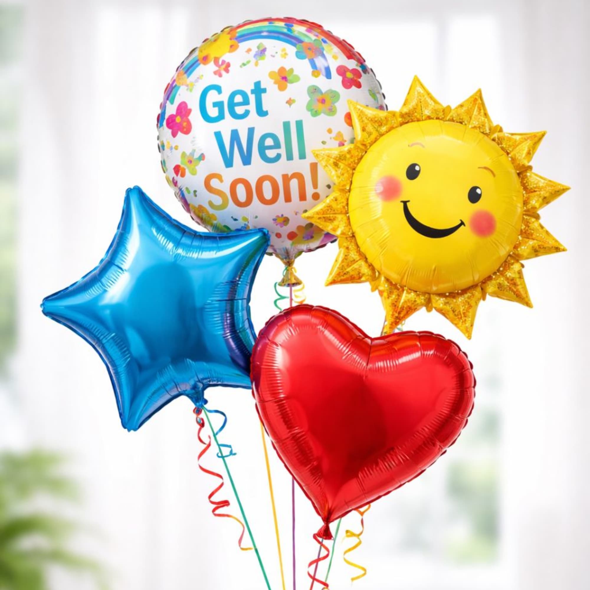 Cluster of colorful balloons including Get Well Soon, sun, star, and heart shapes