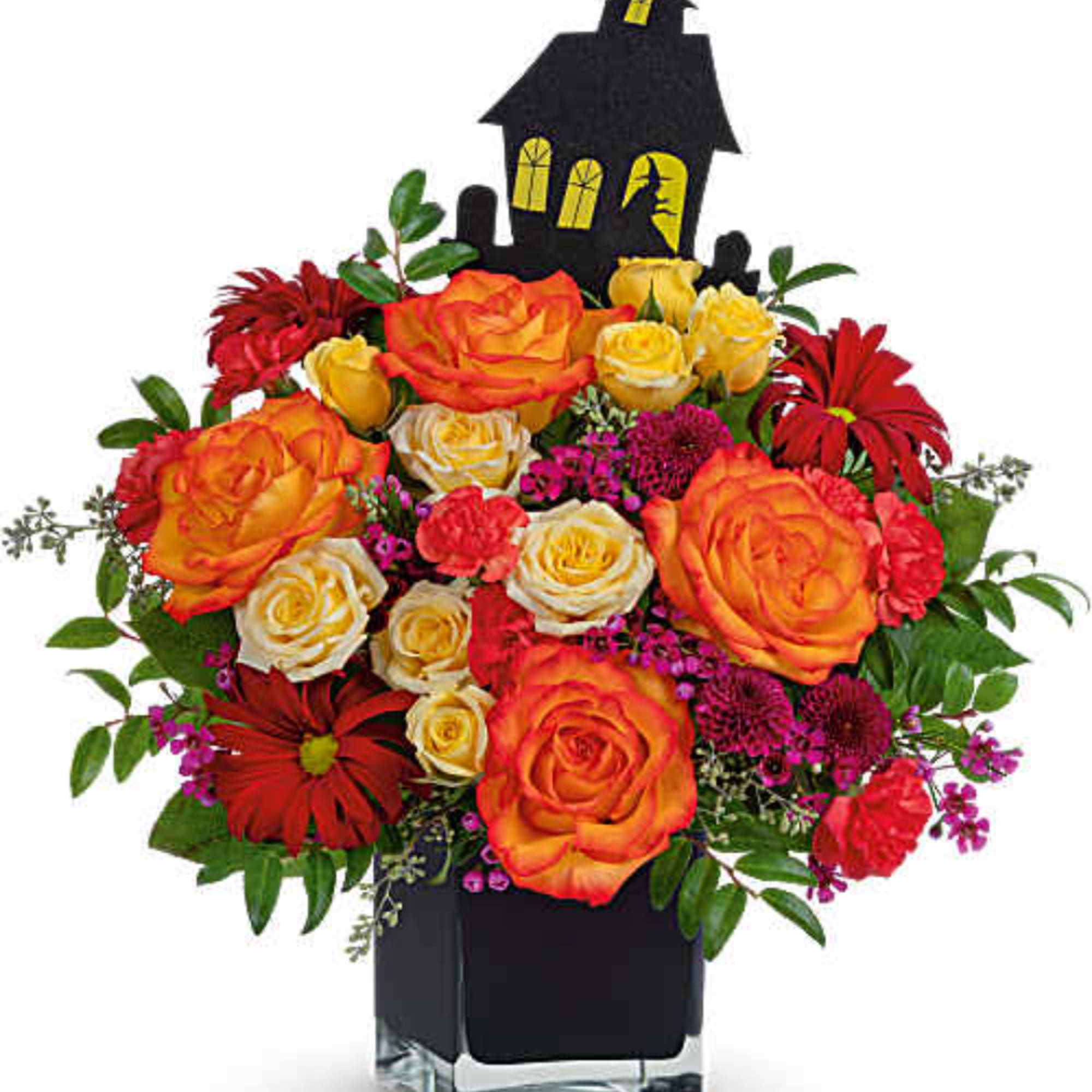 Halloween bouquet of orange and red roses with a black haunted house pick