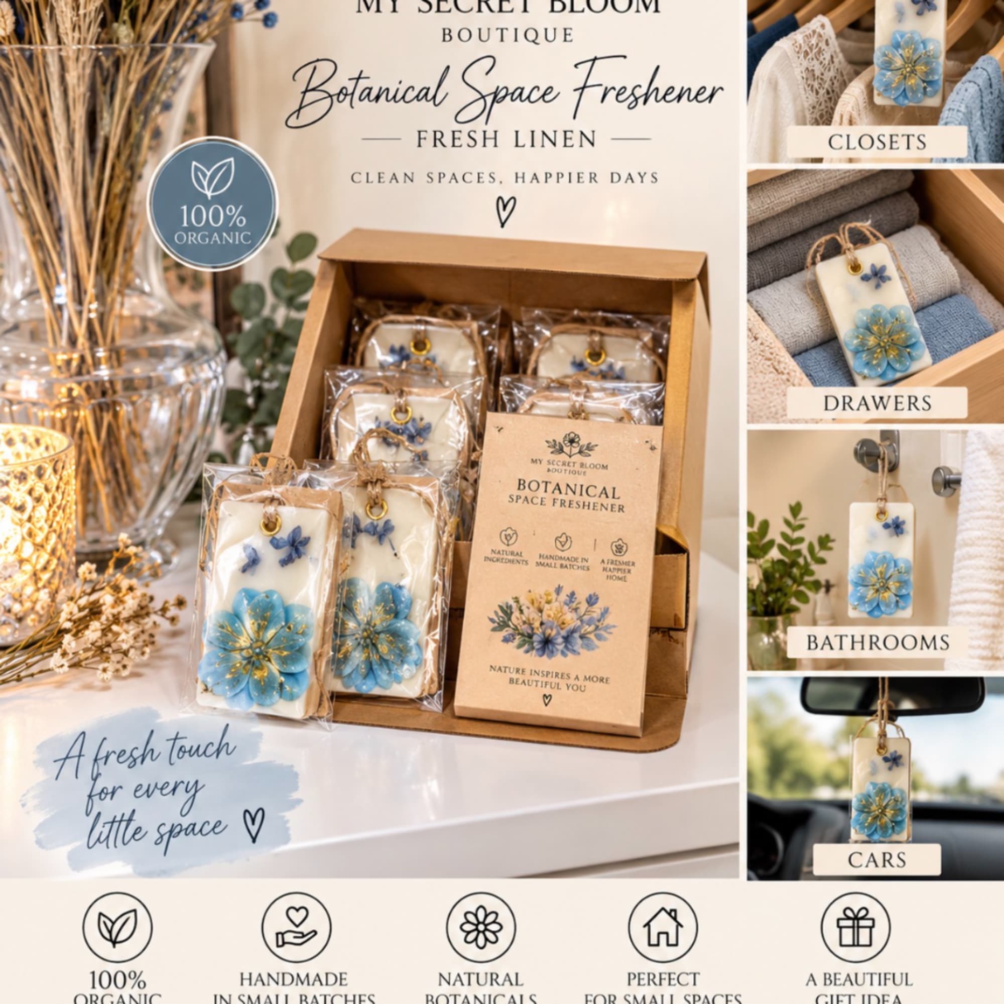 Boxed botanical space fresheners with blue flower designs and hanging tags