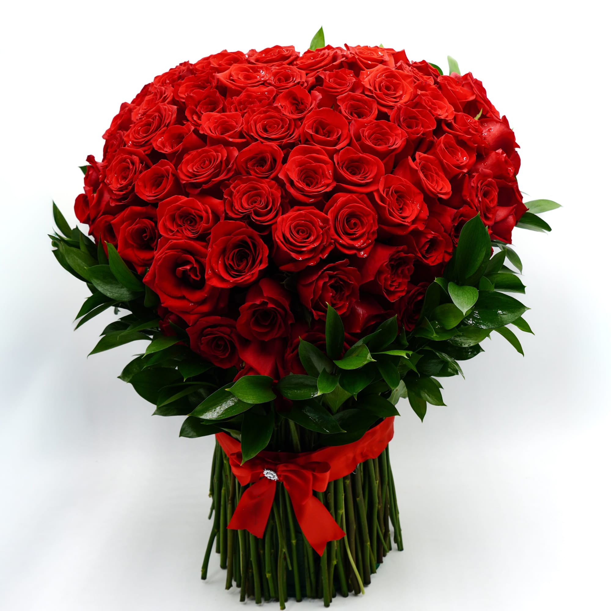 Large bouquet of red roses with a red ribbon