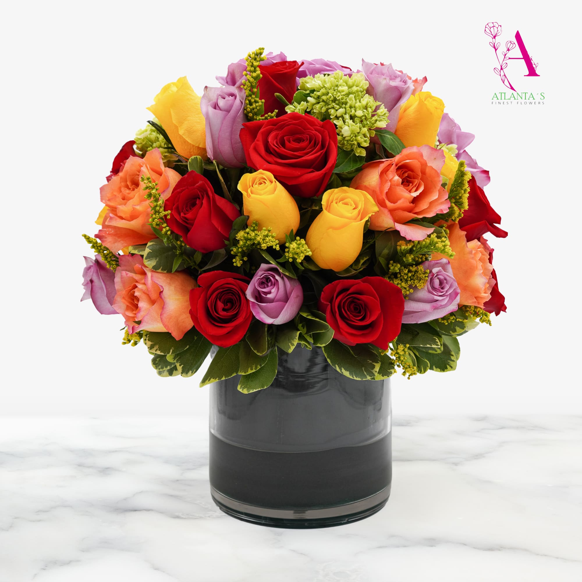 Mixed roses in a dark glass vase with red, yellow, peach, and lavender blooms