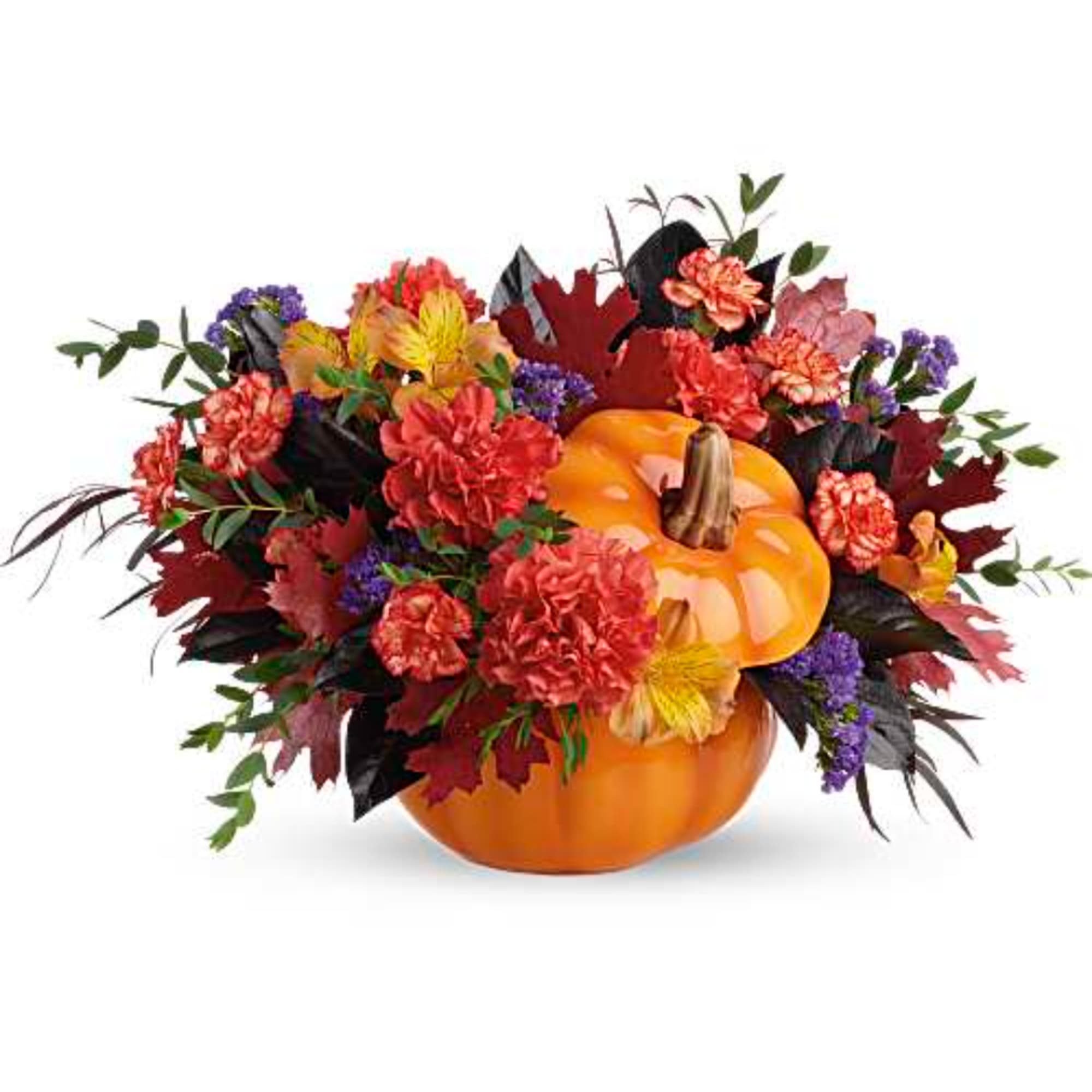 Autumn floral arrangement in a pumpkin container with red and orange flowers, photo 4 of 4