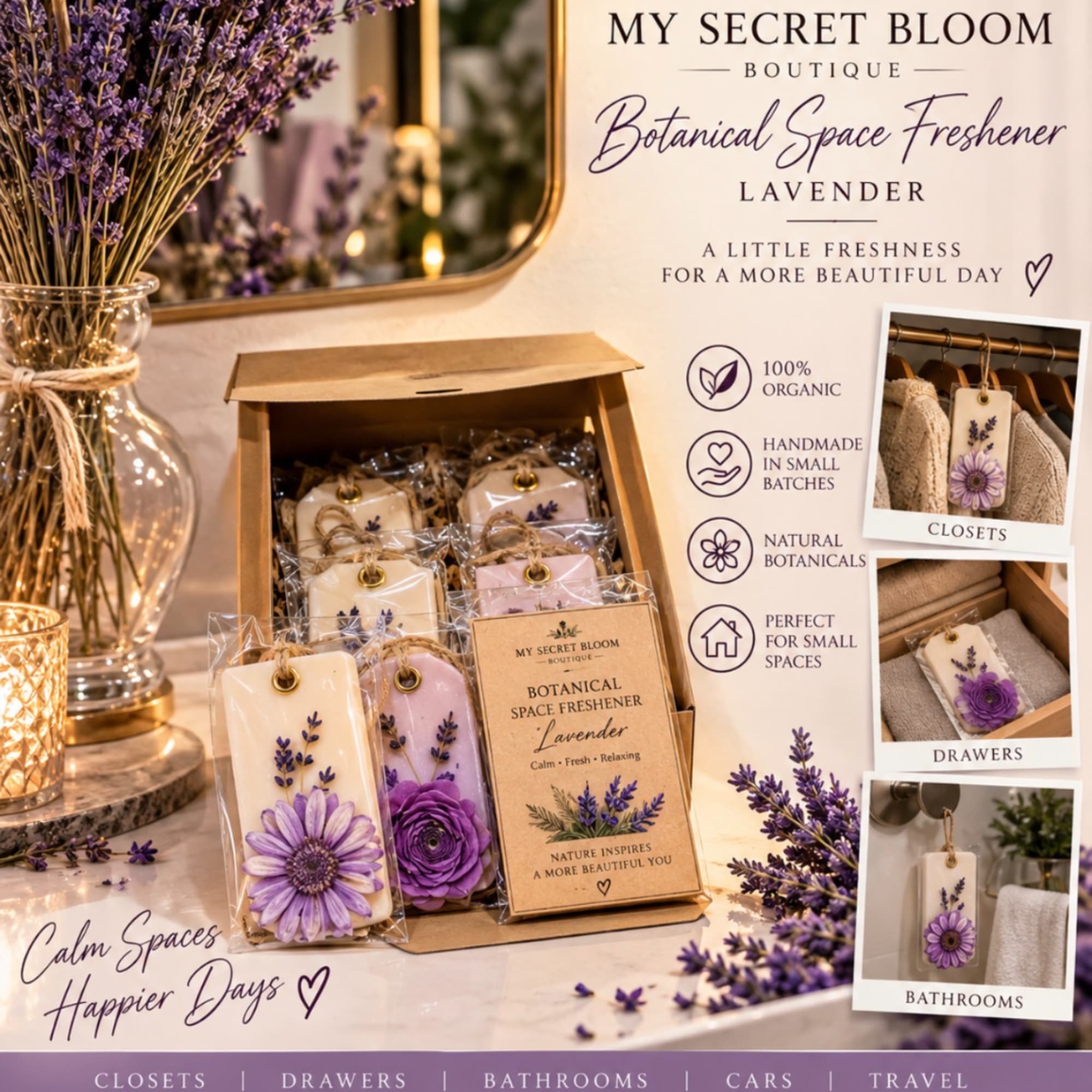 Lavender botanical space fresheners in a box beside a vase of dried lavender