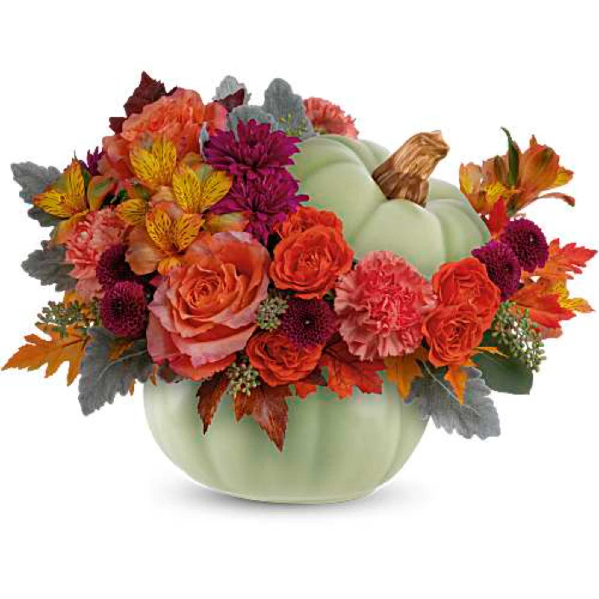 Pumpkin-shaped vase with orange and purple flowers