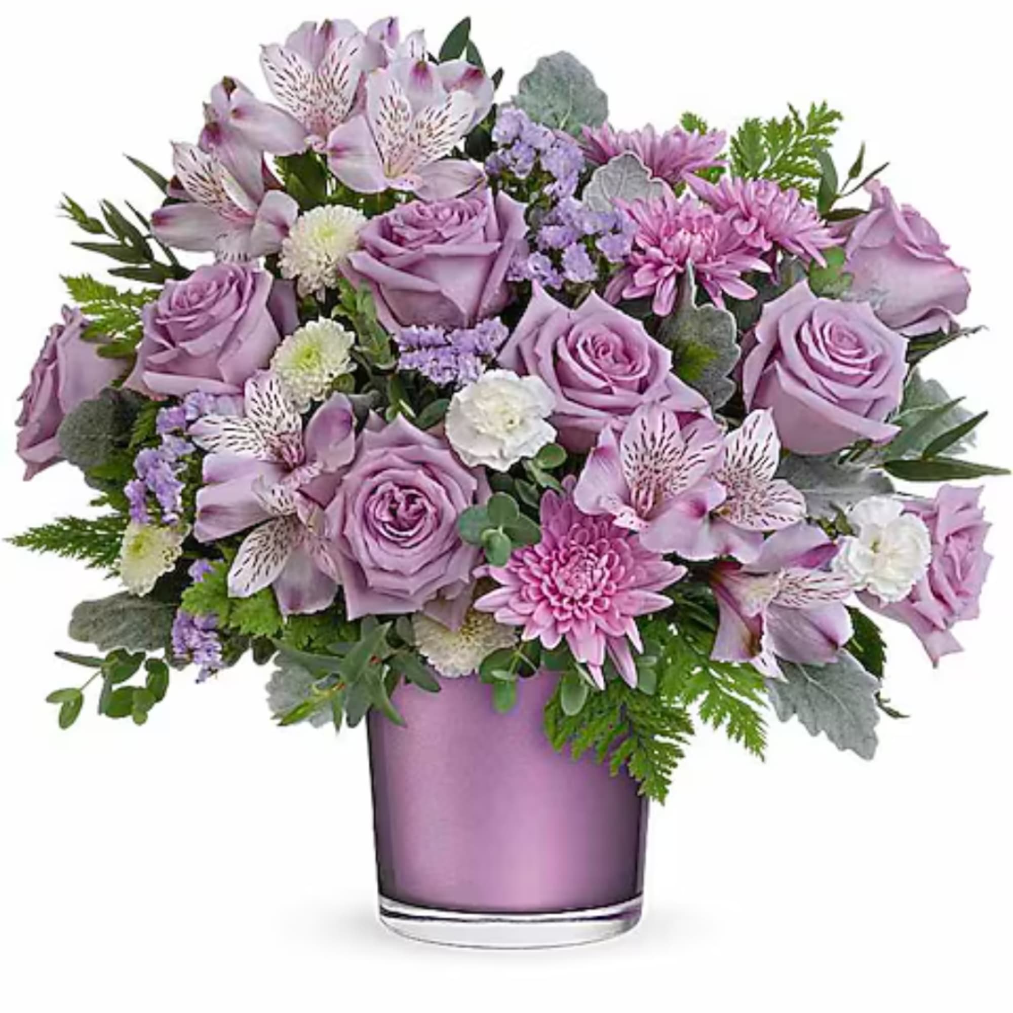 Experience the enchantment of blooms delivered! Purple roses in a polished gem