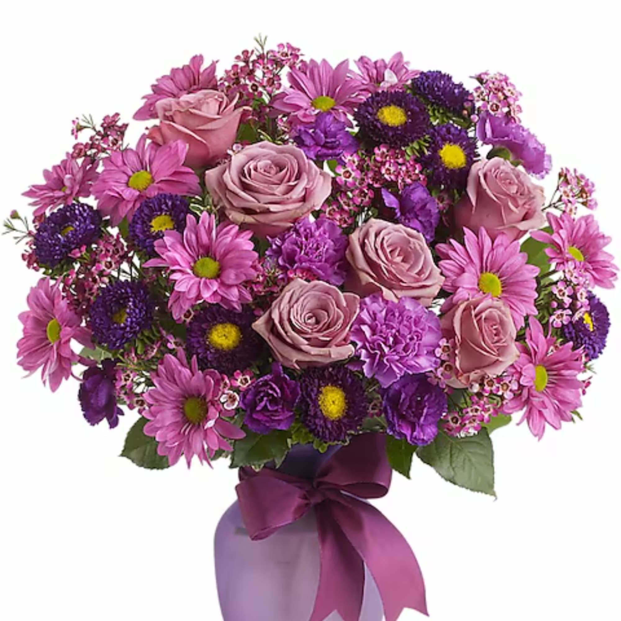 Pink and purple bouquet of roses and daisies in a vase with a ribbon