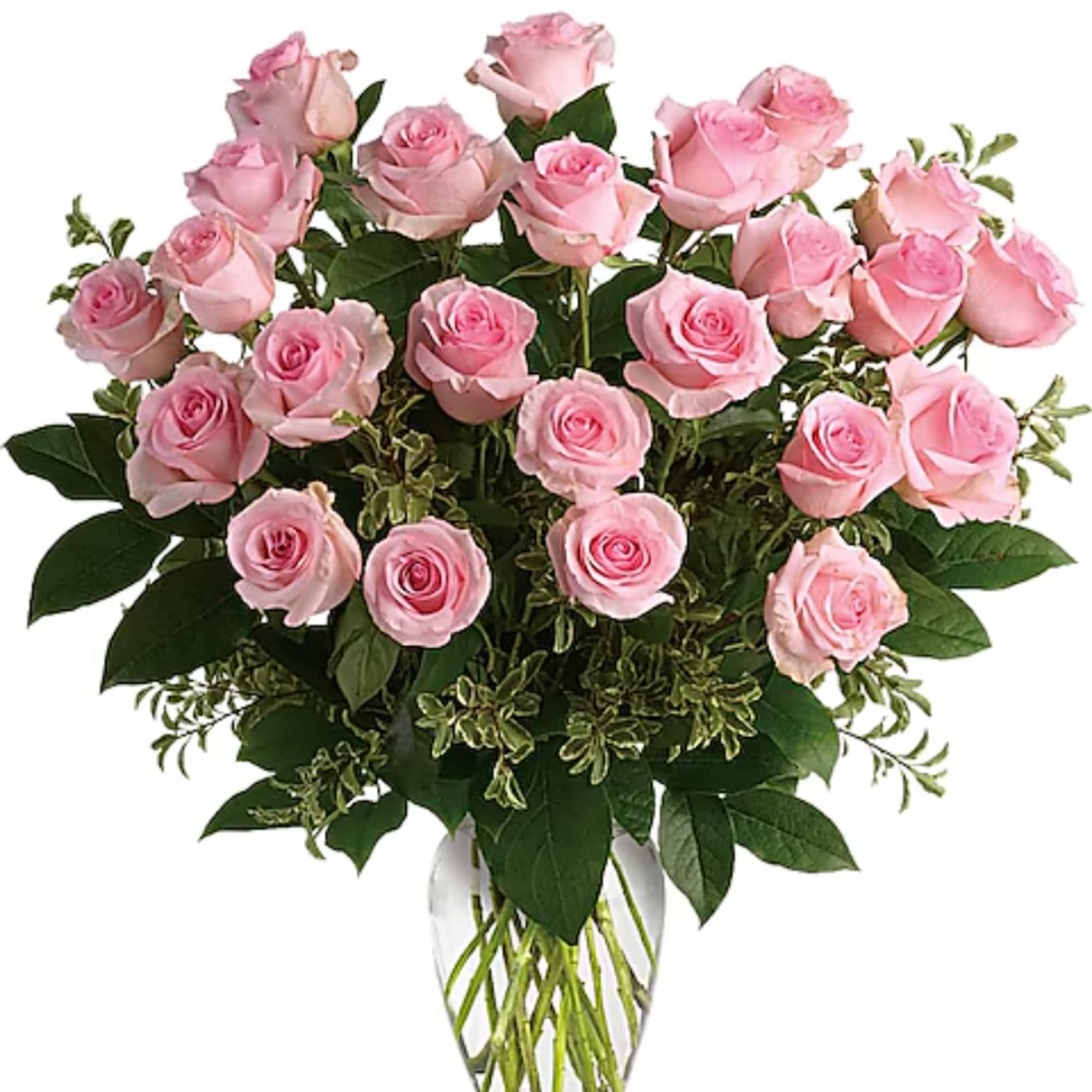 Pink roses arranged in a clear glass vase