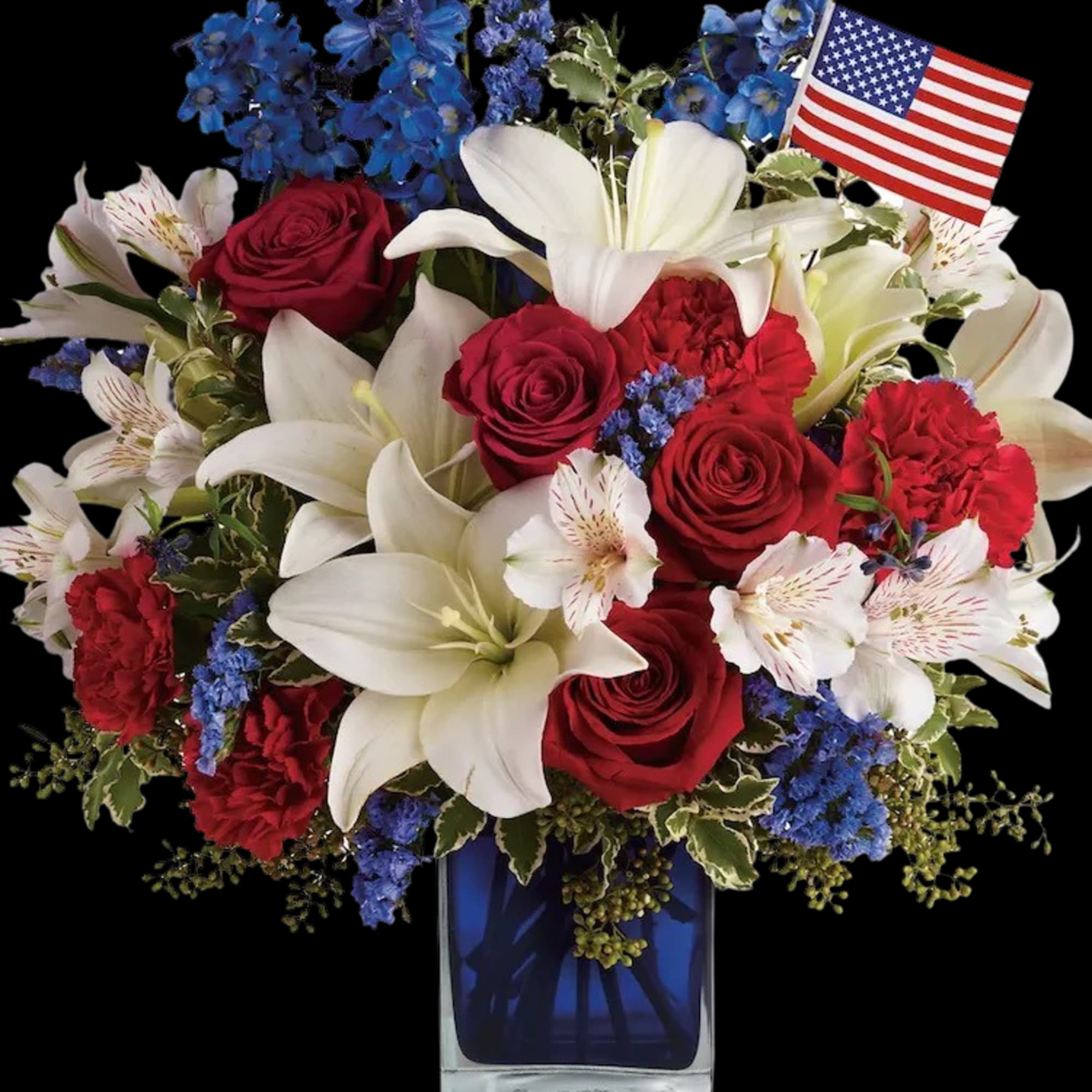 Red roses and white lilies in a blue vase with an American flag