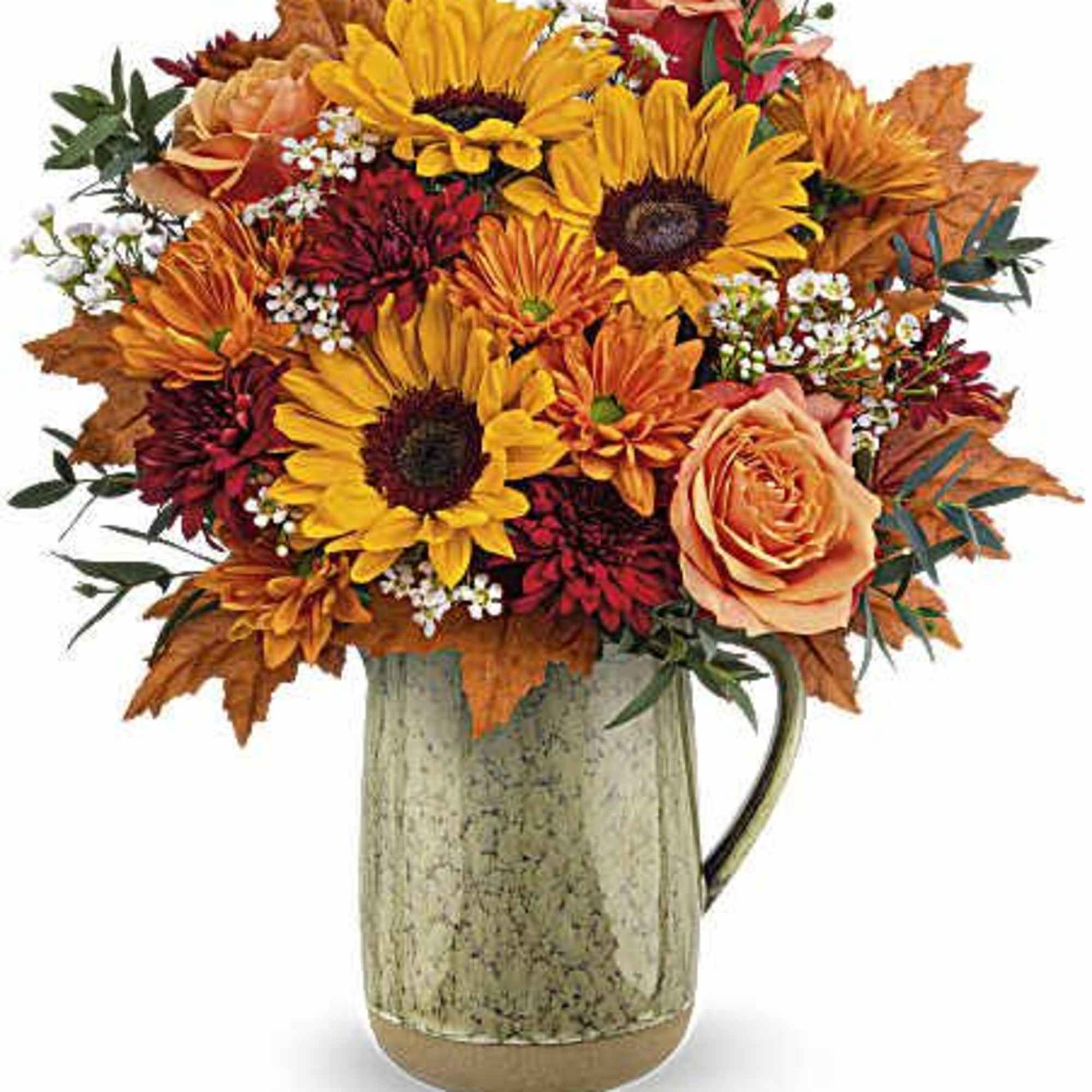 Like the autumn sun's warmth, this delightful sunflower bouquet is elegantly showcased