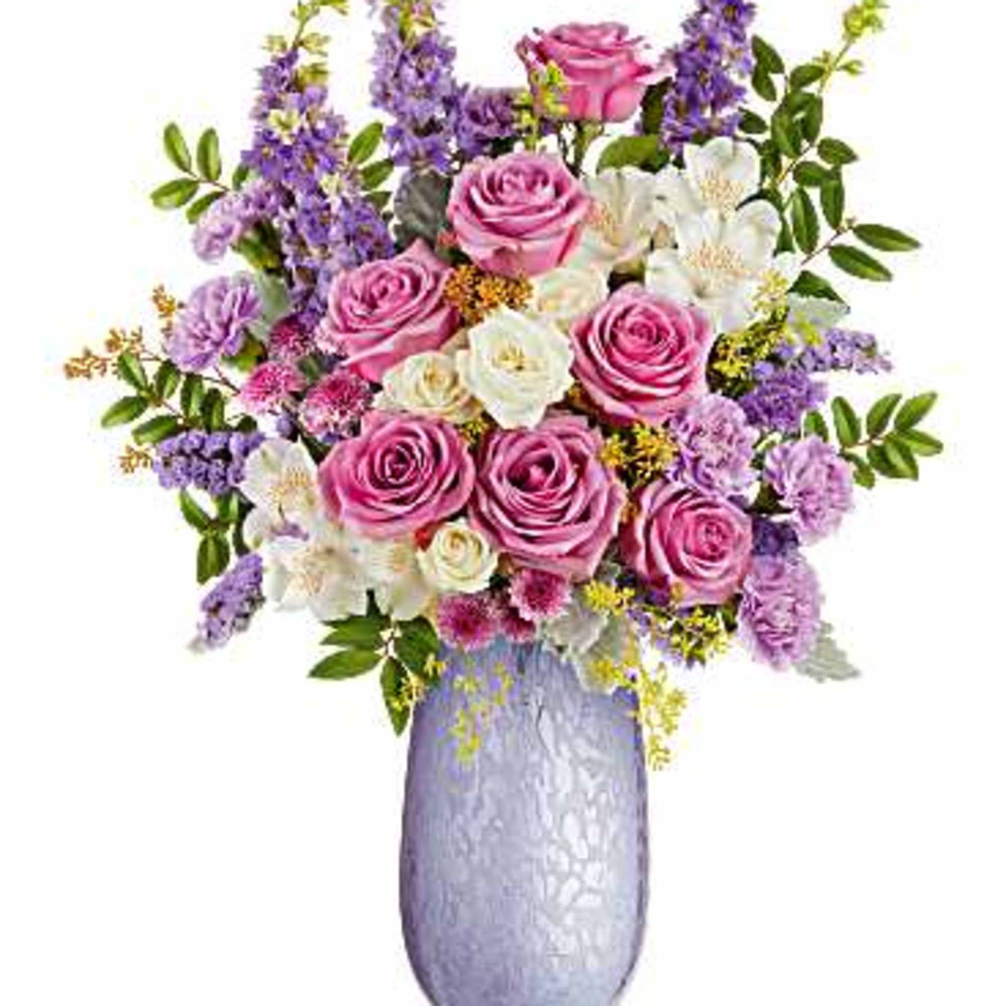 Pink and white roses in a lavender vase with purple flowers