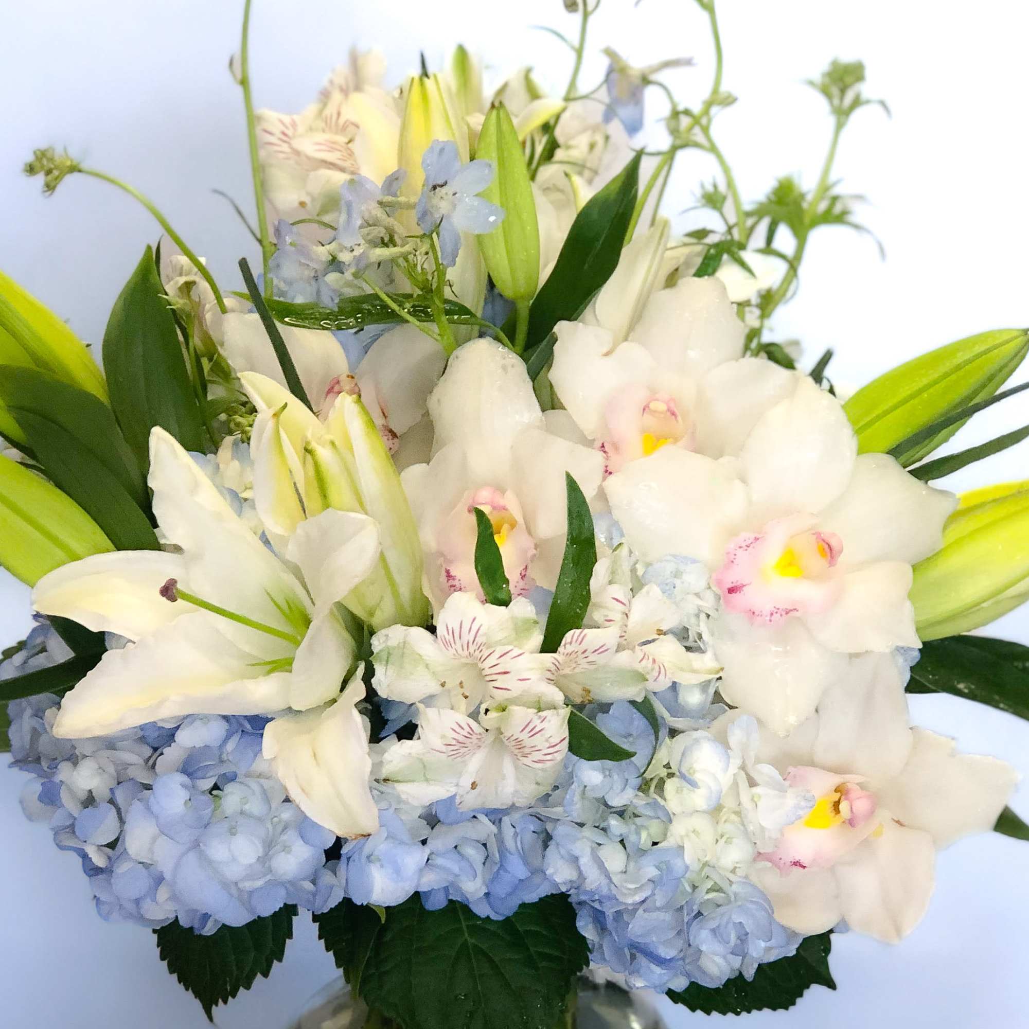 White lilies and orchids with pale blue hydrangeas in a vase