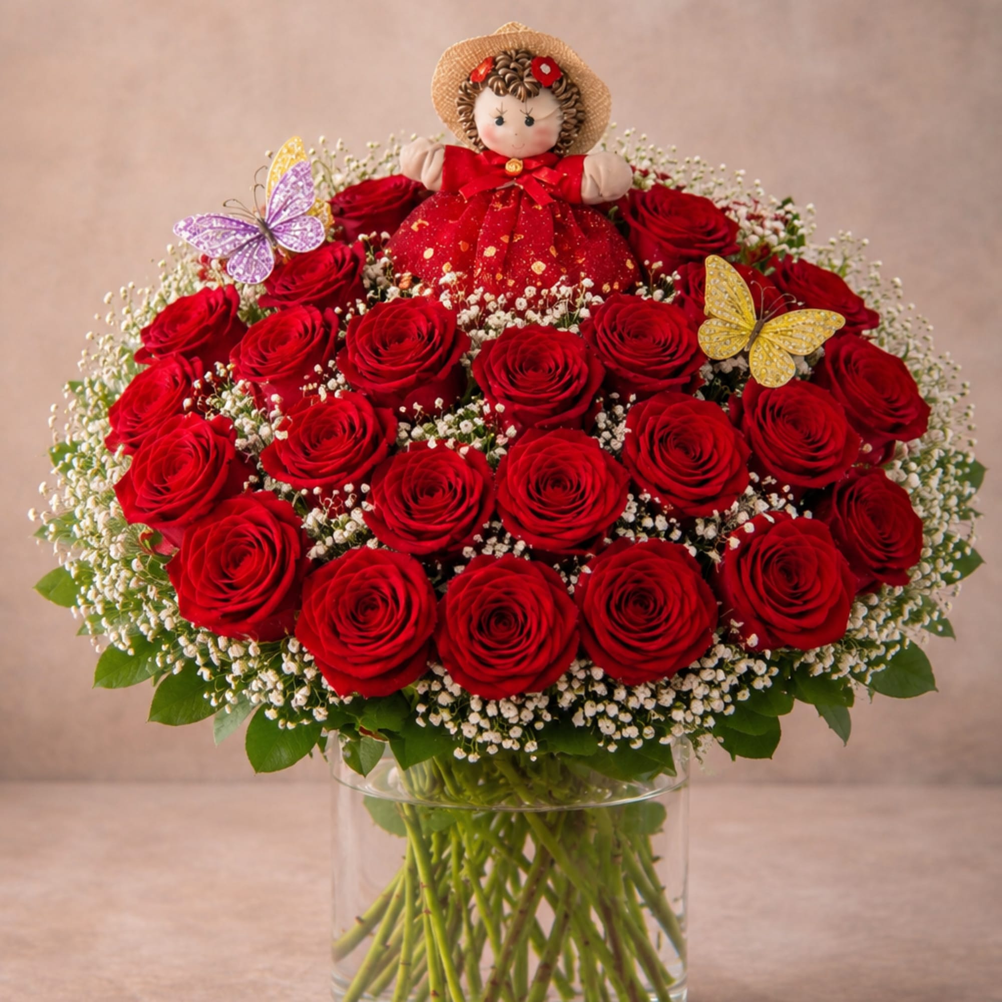 A romantic arrangement of fresh roses accented with delicate butterflies and a