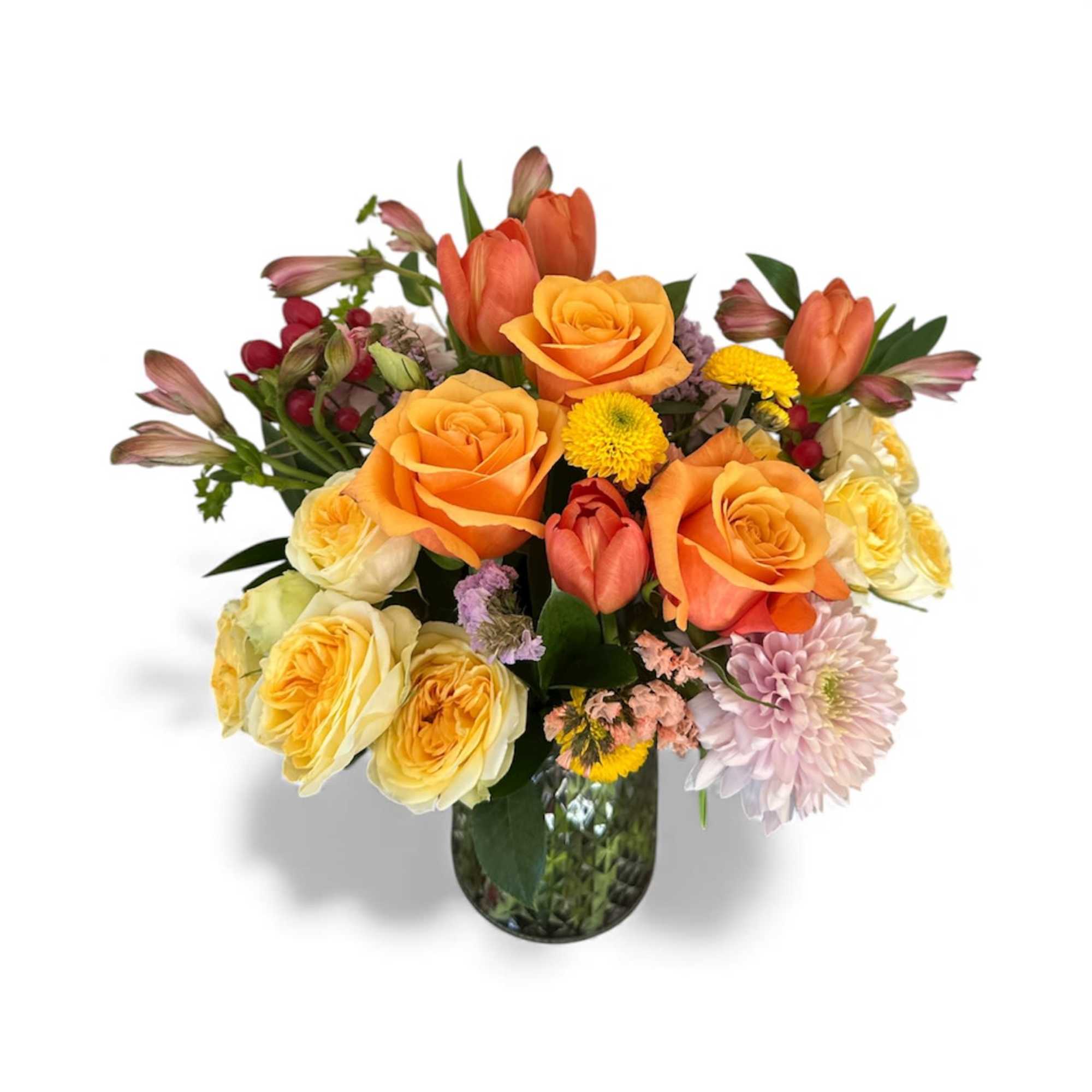 Sunny orange and yellow roses paired with bright orange tulips make an, photo 2 of 2