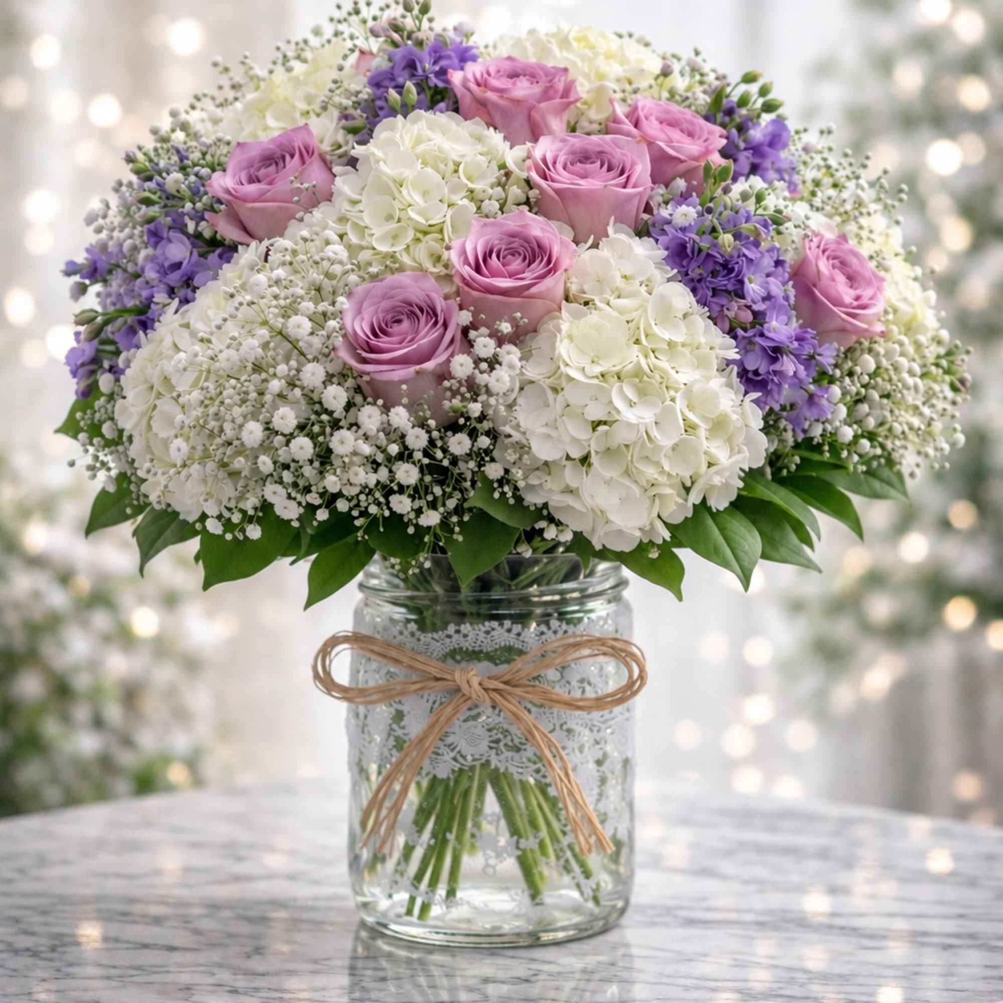 A soft and elegant arrangement featuring lavender roses, white hydrangeas, delicate lavender