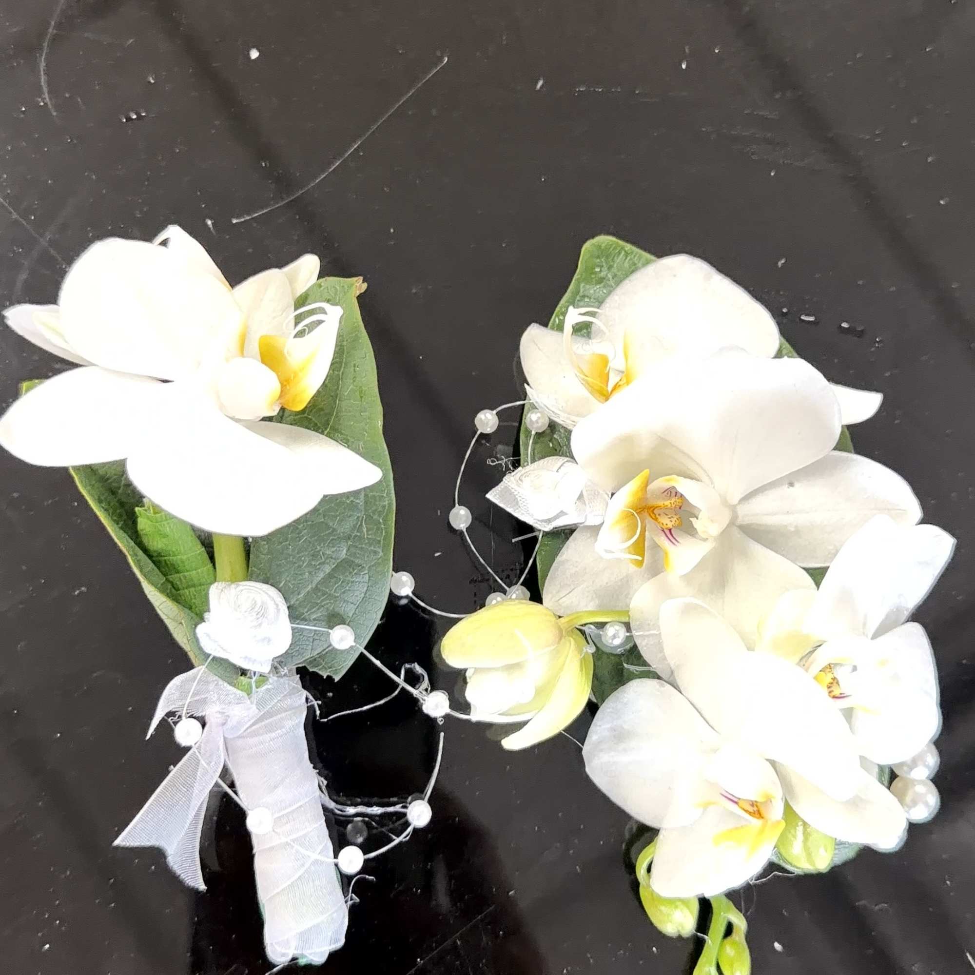 Cascading white Phalaenopsis orchids with pale yellow centers create a quietly striking