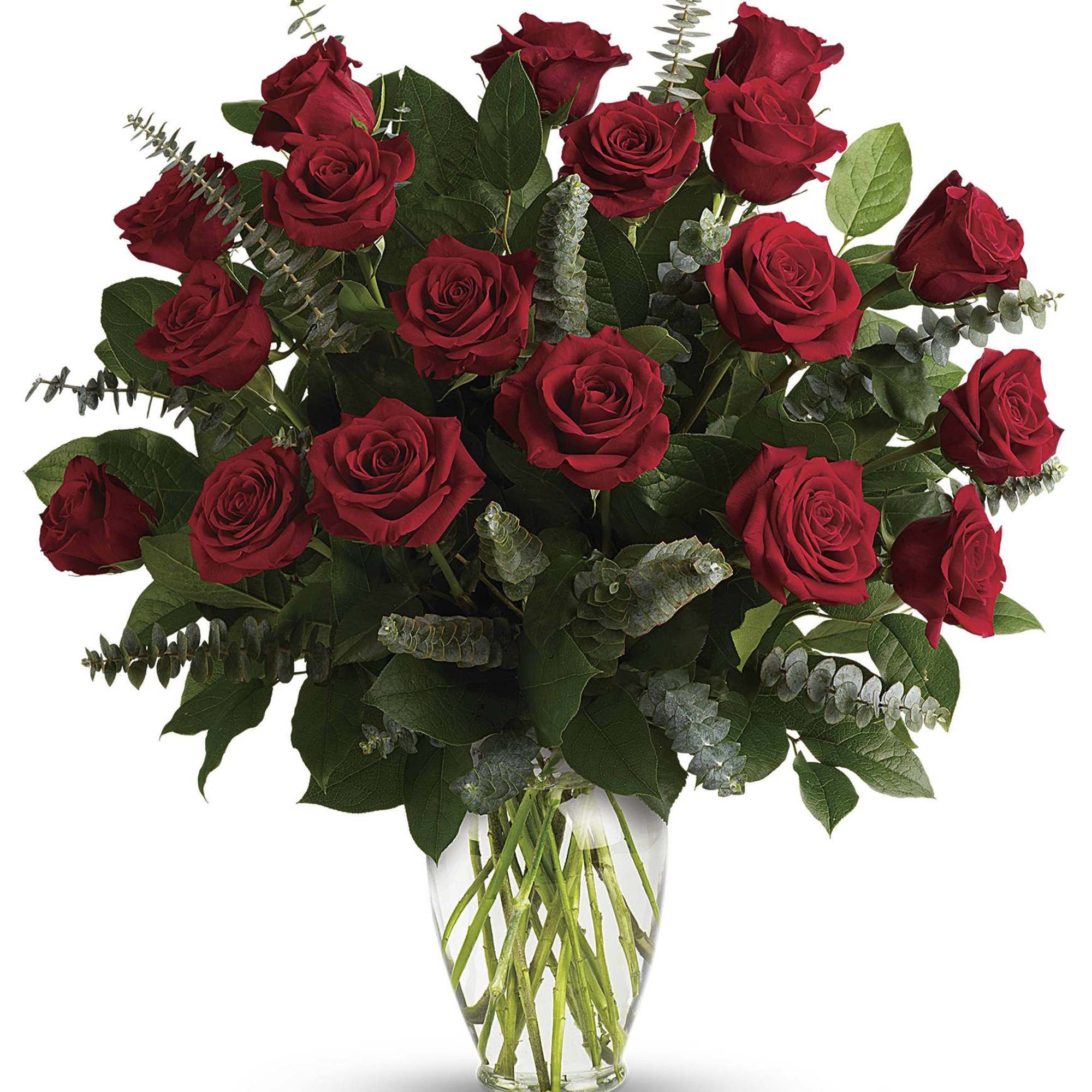 Bouquet of red roses in a clear glass vase
