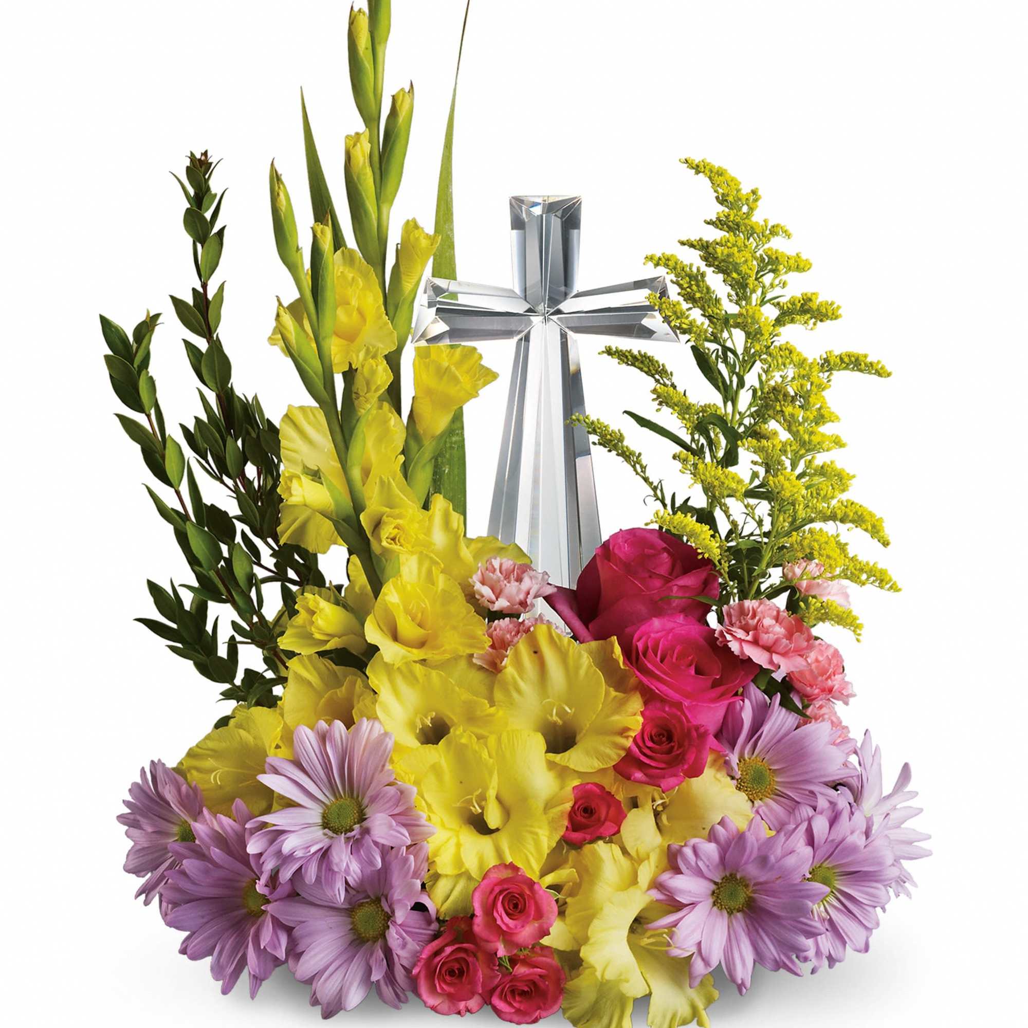 Colorful floral arrangement with a clear cross centerpiece