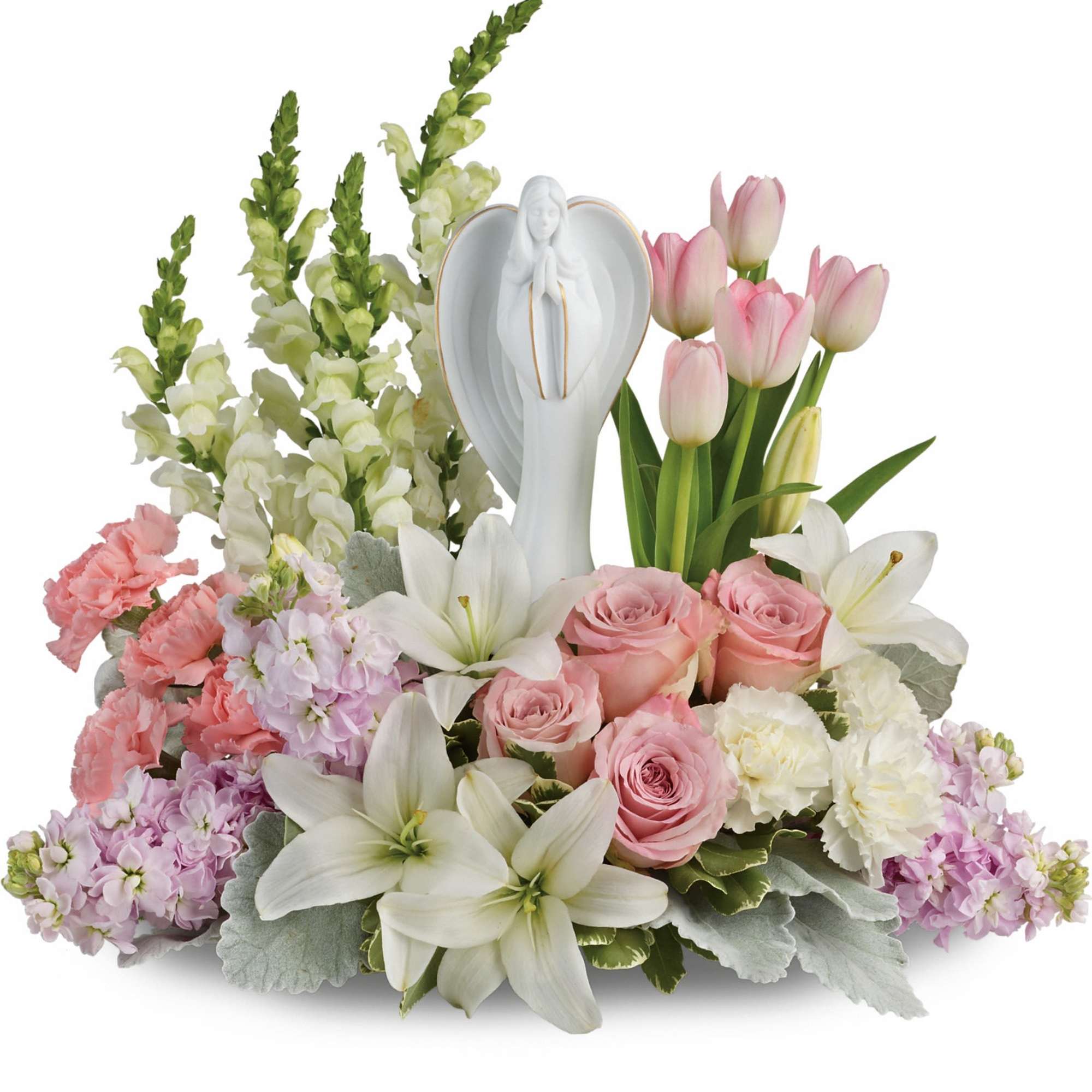 Pink and white floral arrangement with a praying angel figurine