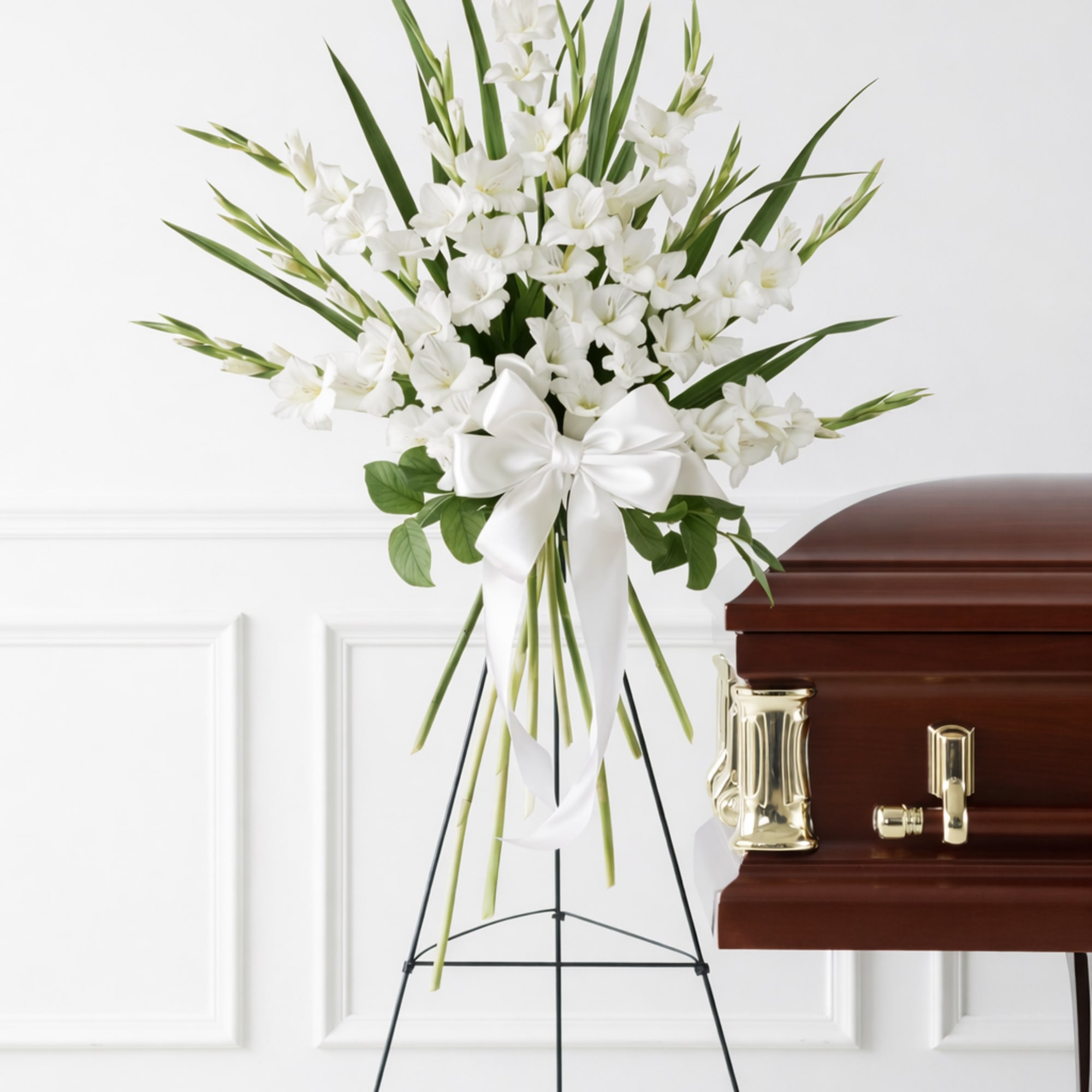 White floral standing spray on an easel beside a casket