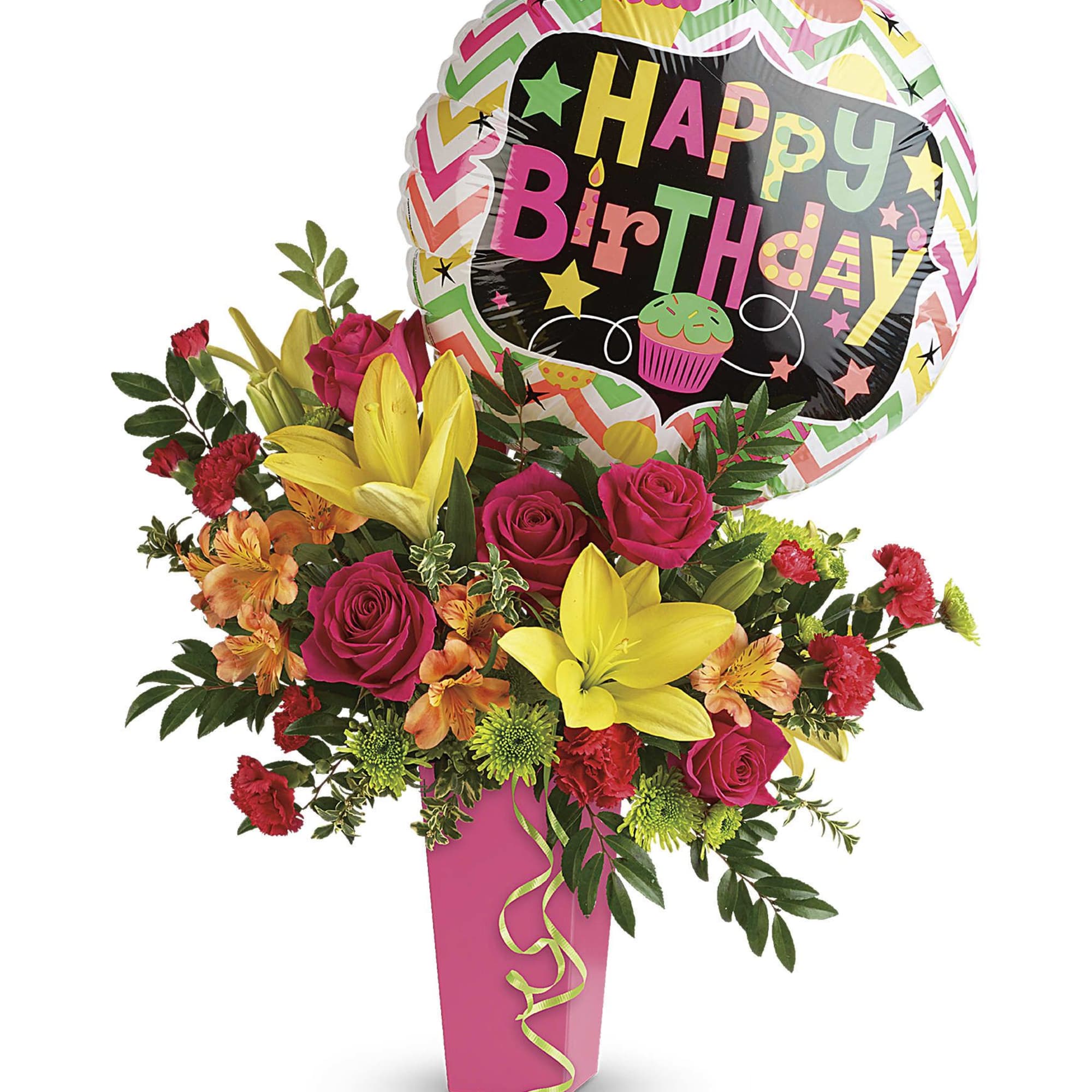 Birthday bouquet with roses, lilies, carnations, and a birthday balloon