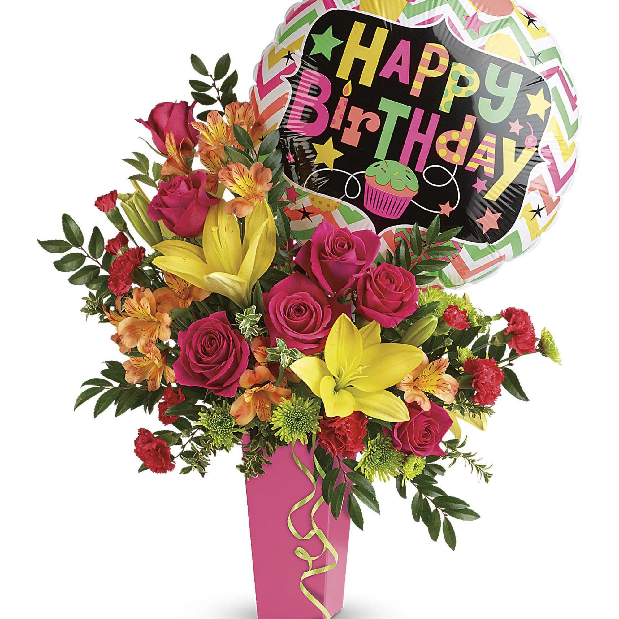 Bouquet of pink roses and yellow lilies with a birthday balloon in a pink vase
