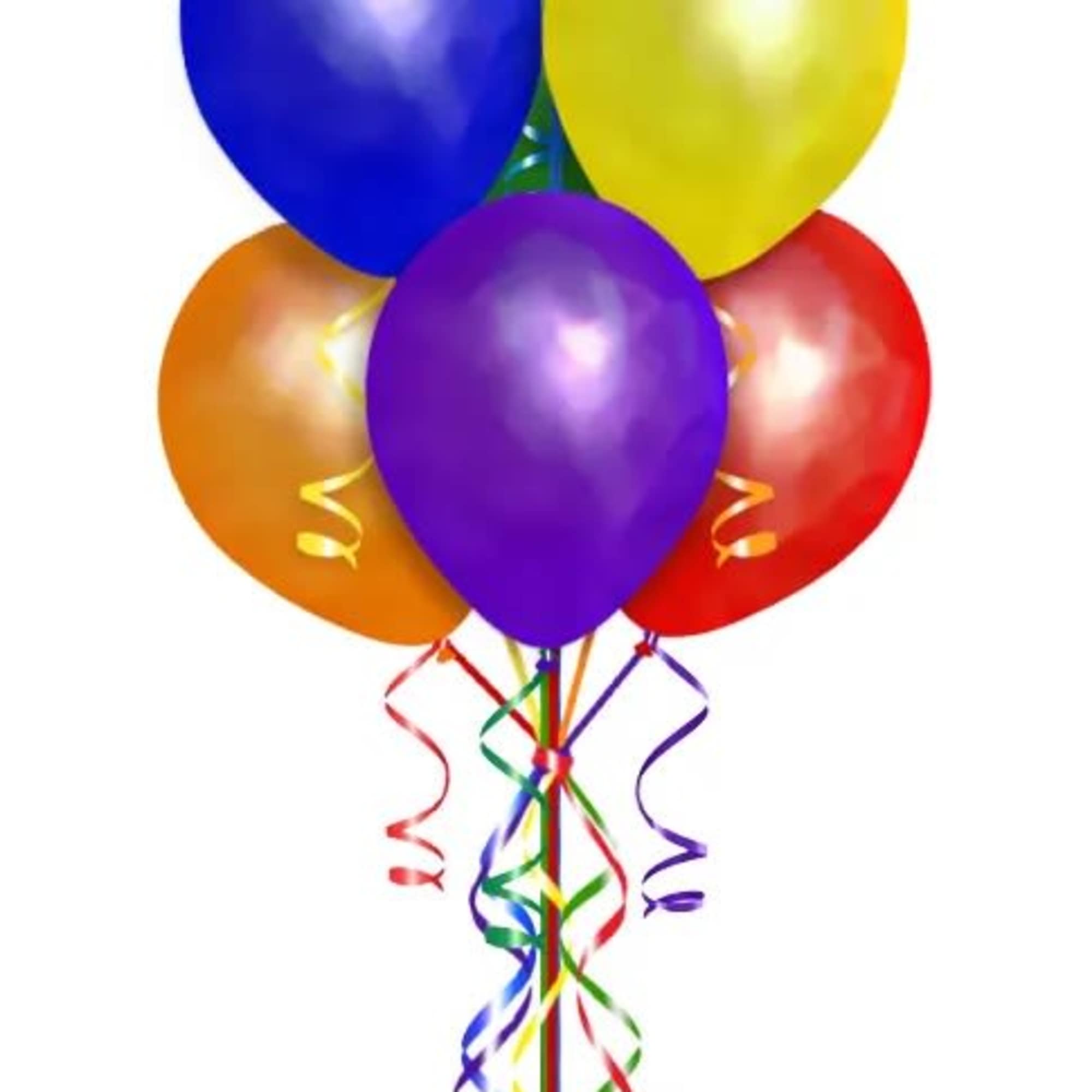Birthday balloon bouquet with a rainbow foil balloon and five latex balloons