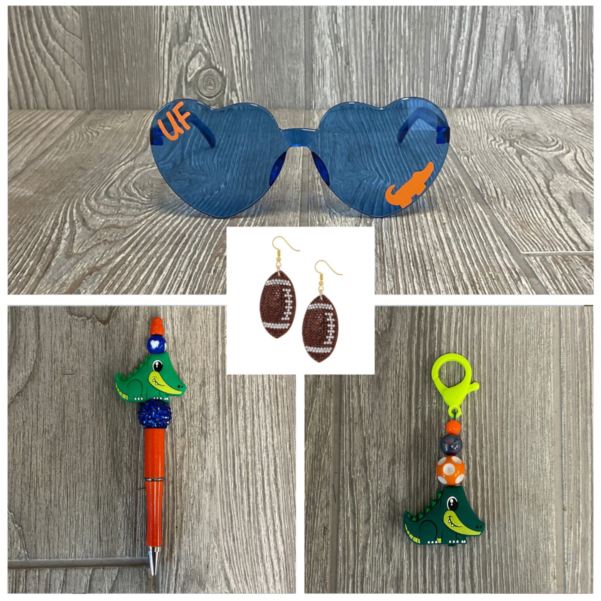 Blue heart-shaped sunglasses and novelty accessories on a wood floor