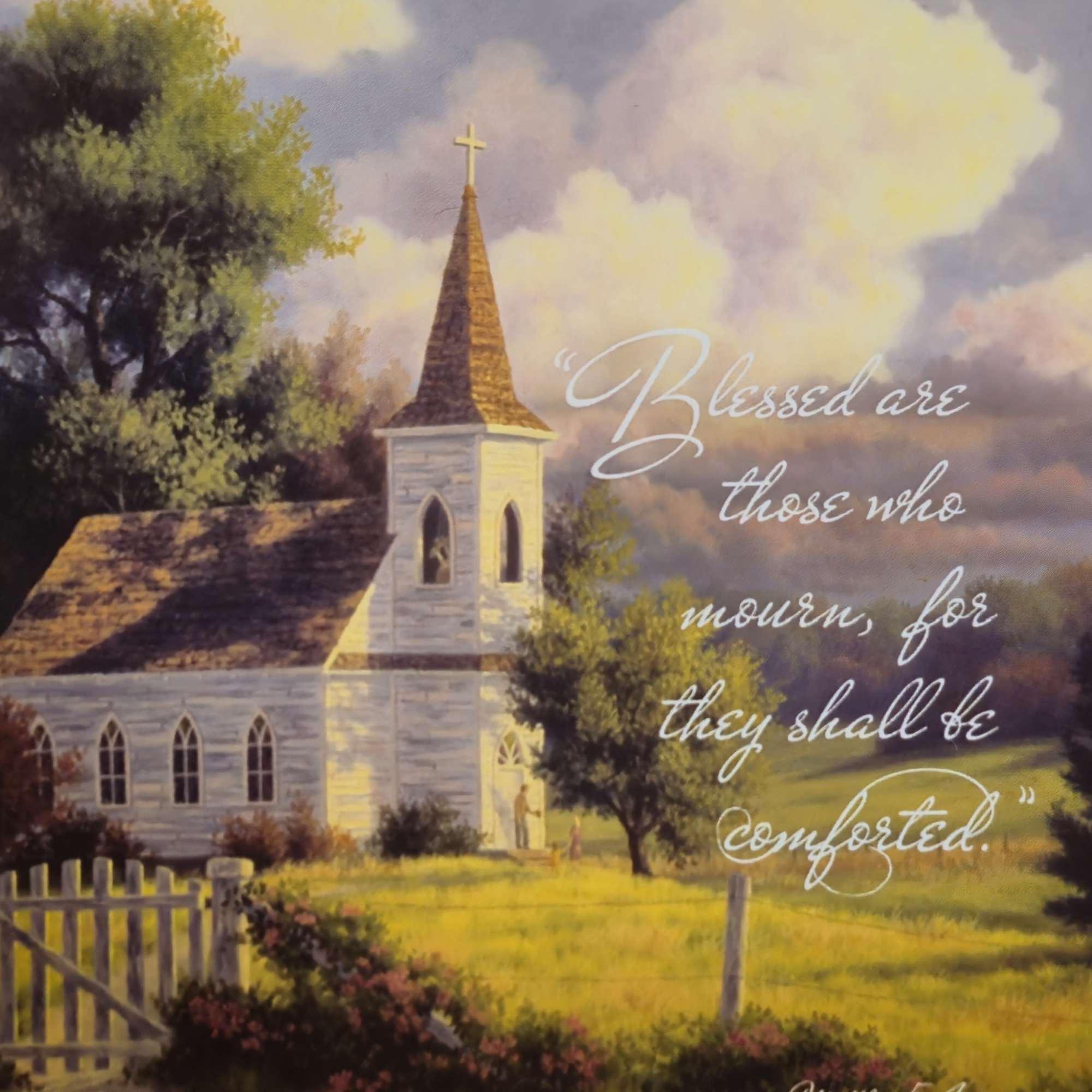 Painting of a white church with a steeple and a Bible verse about comfort
