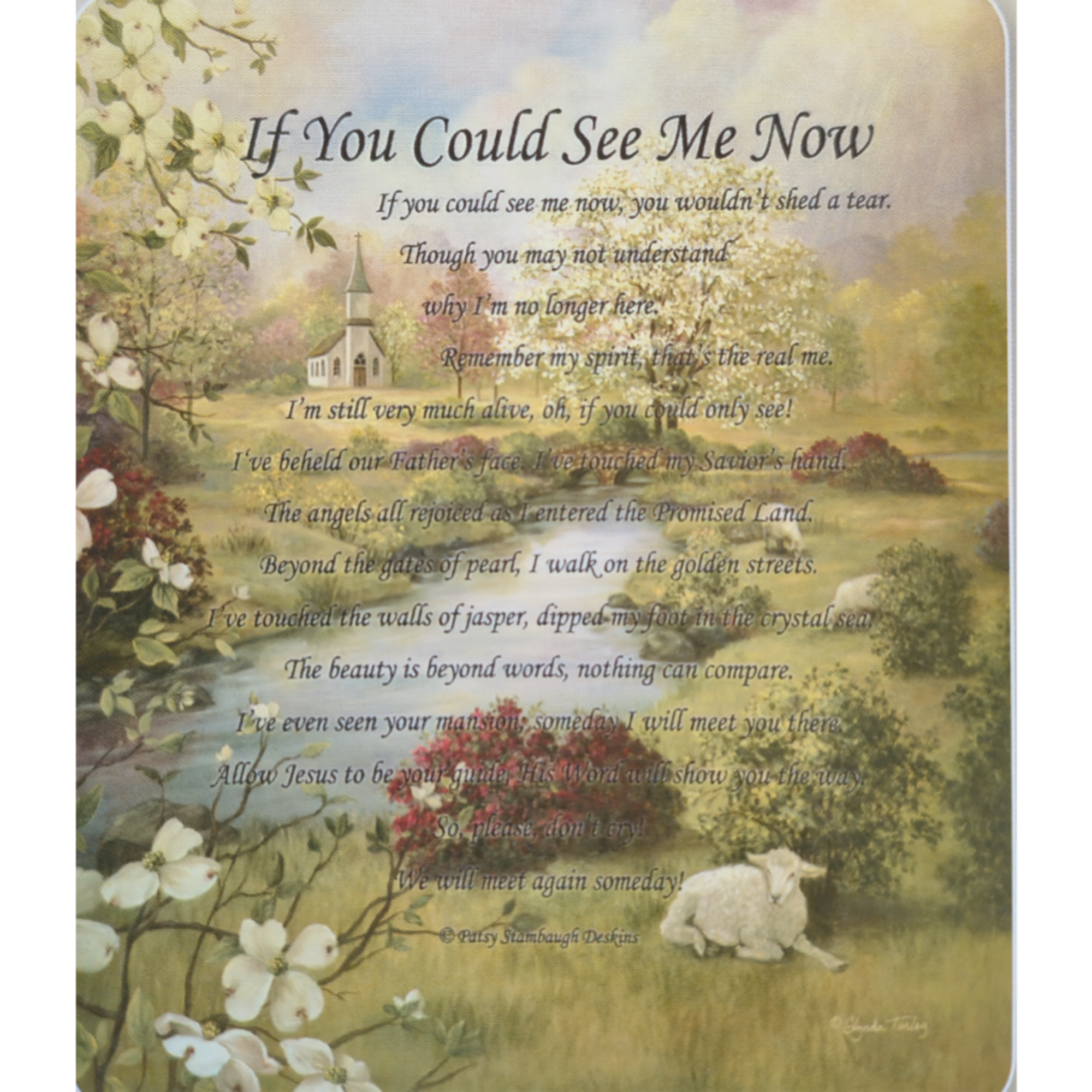 Sympathy poem print with a pastoral landscape and white blossoms