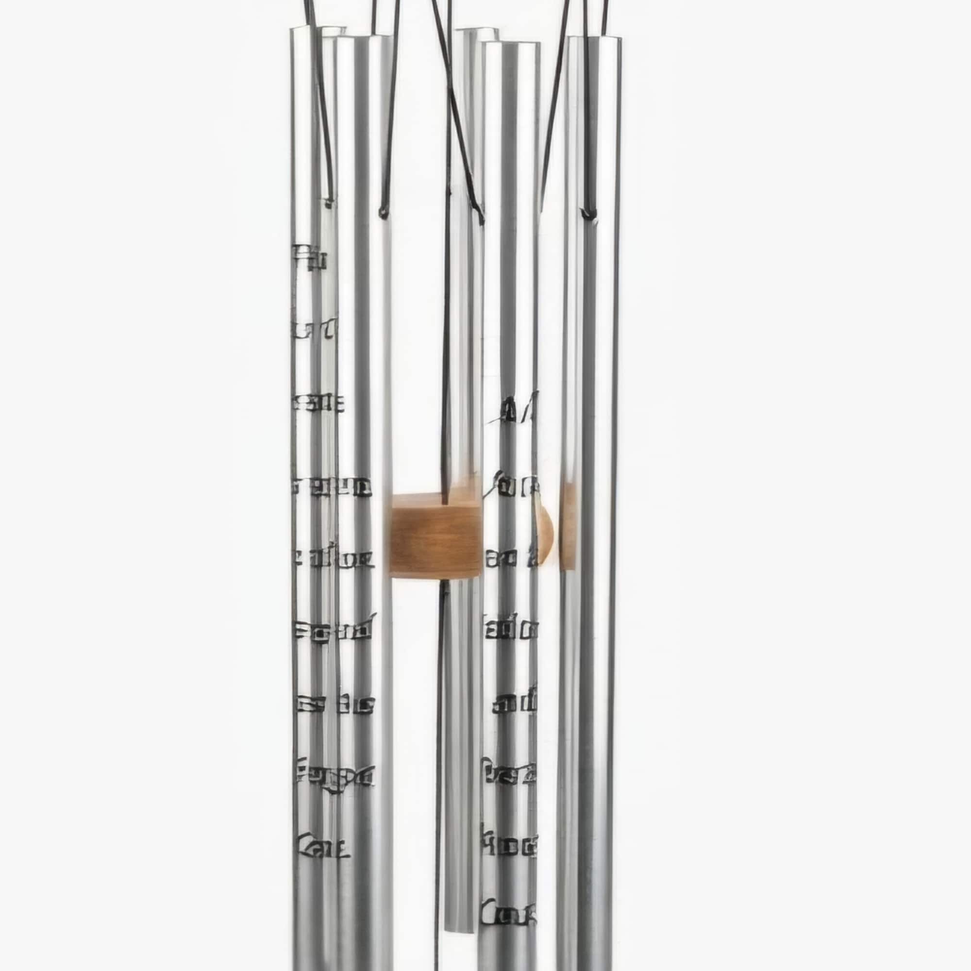 Metal wind chime with wooden accents and a hanging wooden tag