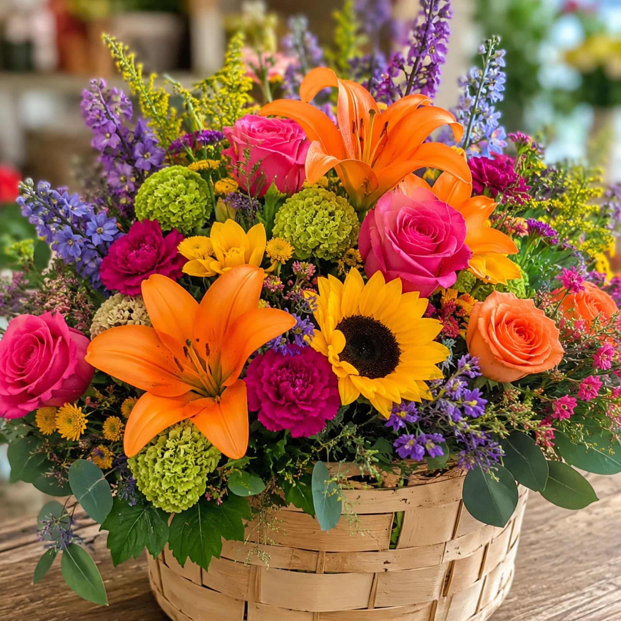 A vibrant, garden-fresh presentation that feels like sunshine in a basket-this flower