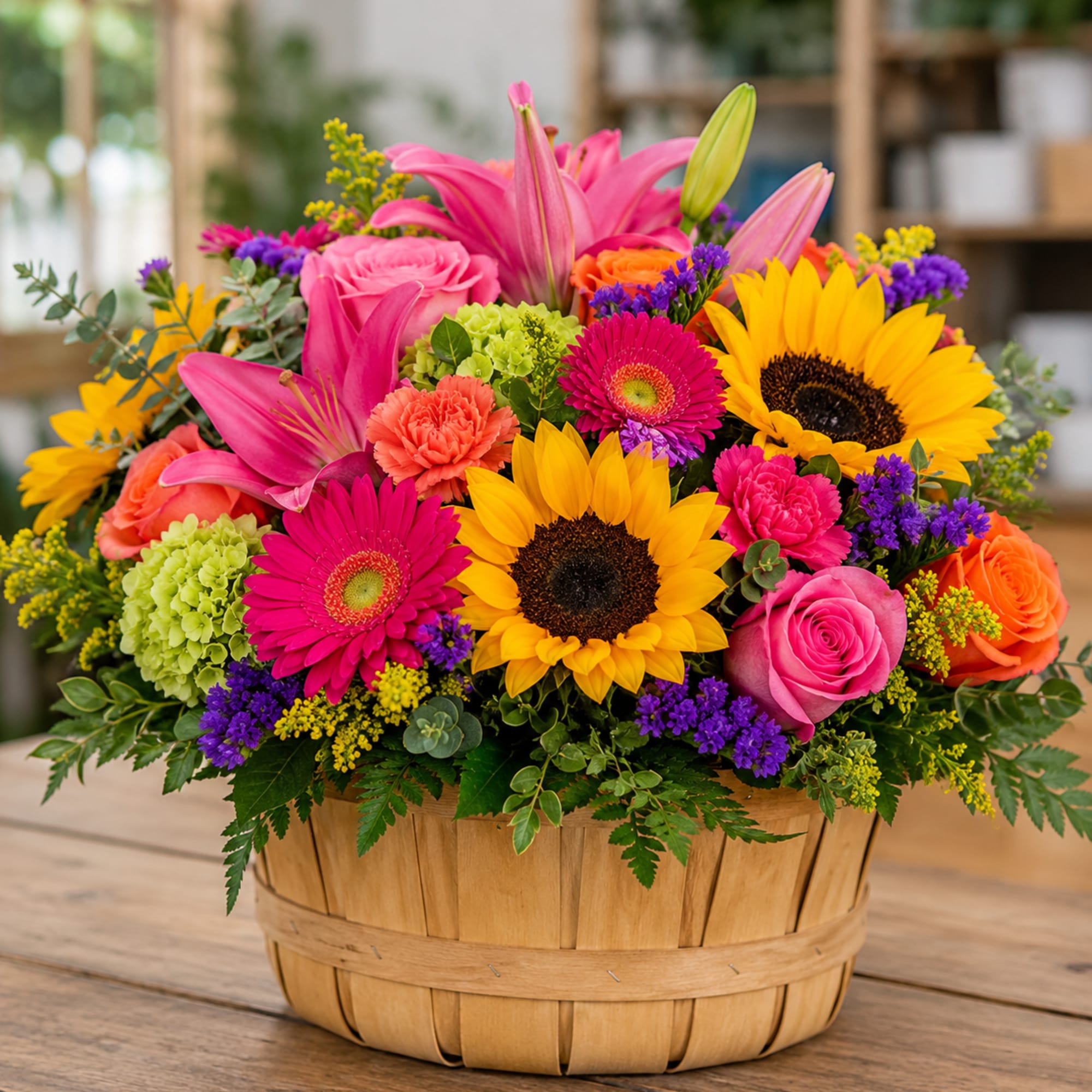 Bright yellow sunflowers and hot pink gerbera daisies make a bold, cheerful