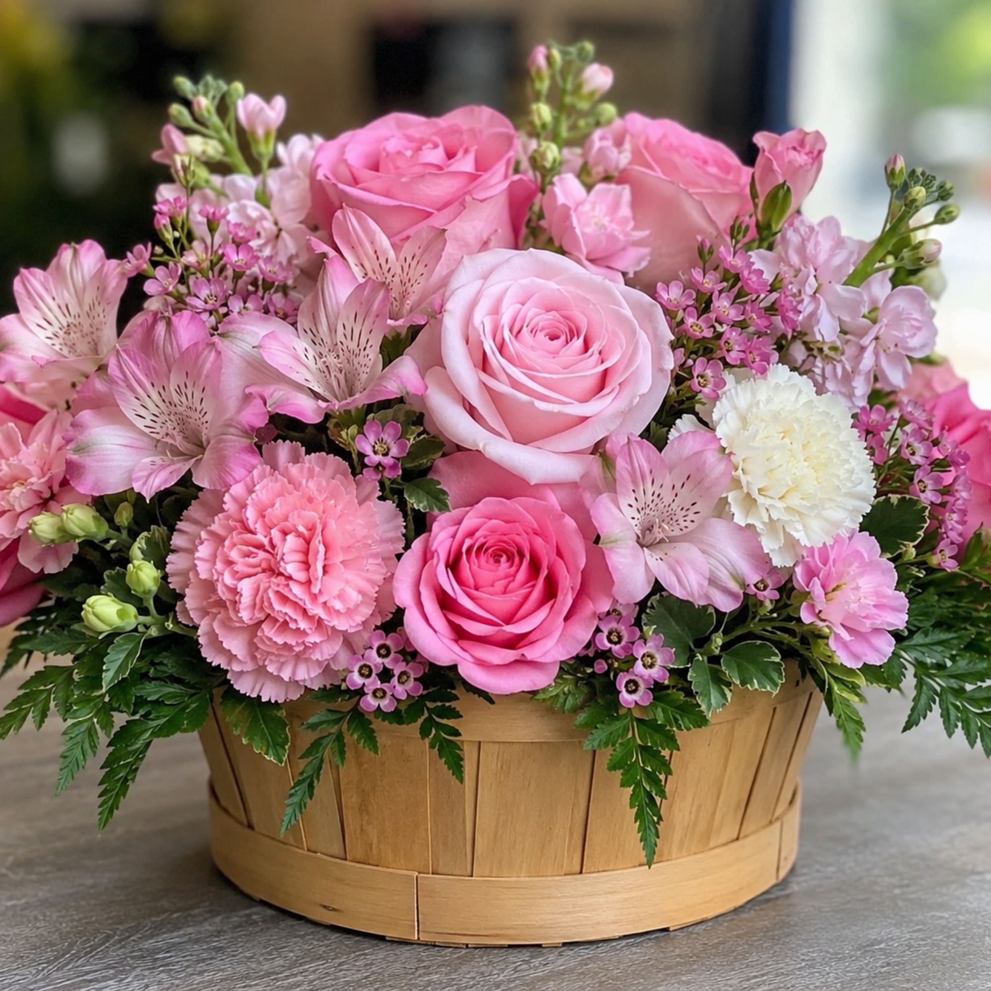 A lush cluster of soft pink roses and carnations arranged low in
