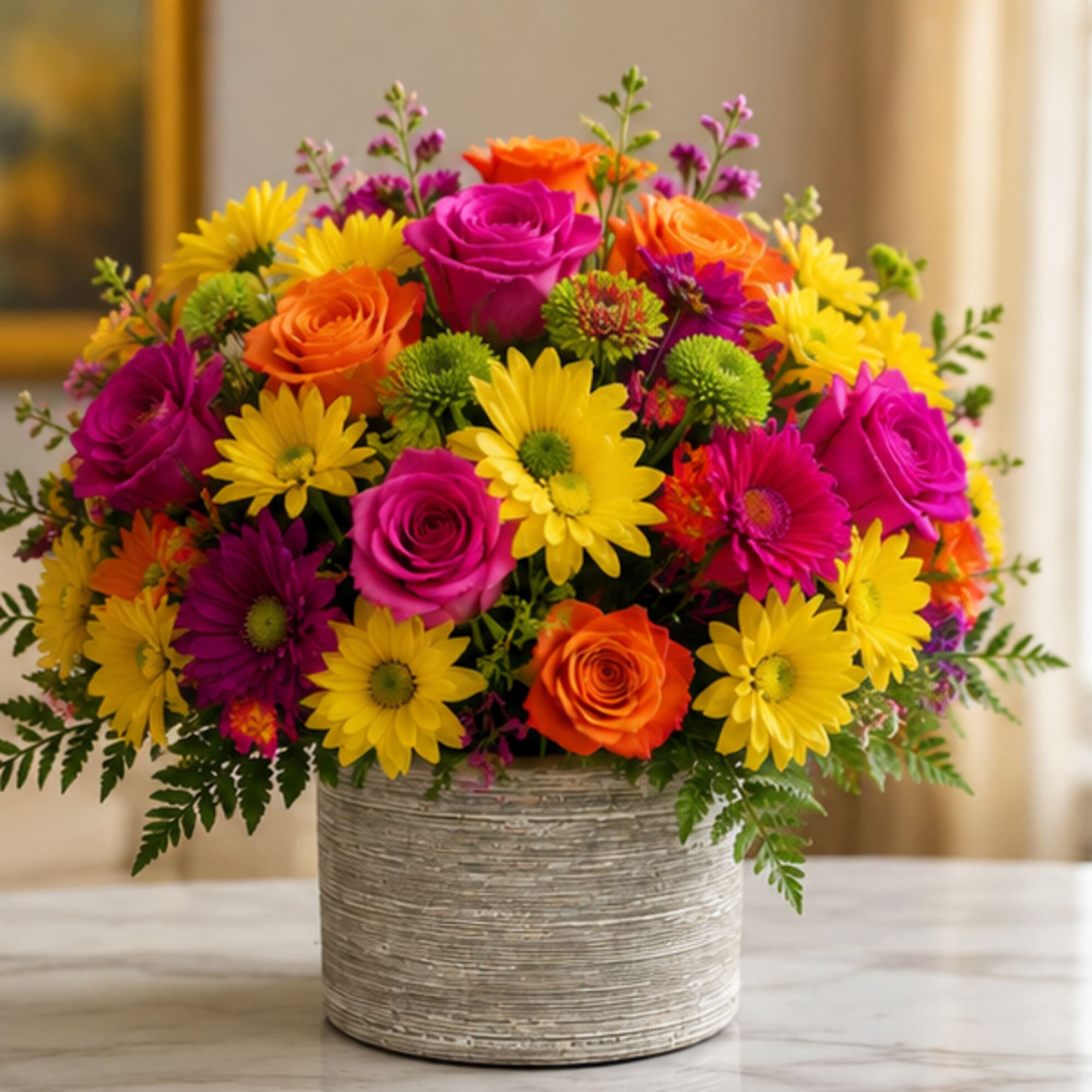 Bright, joyful color greets the recipient with this cheerful flower arrangement-perfect as