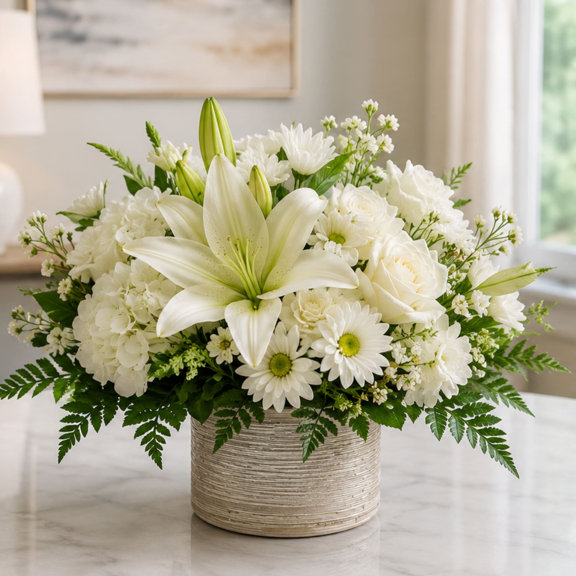 A single large white lily takes center stage in this serene white