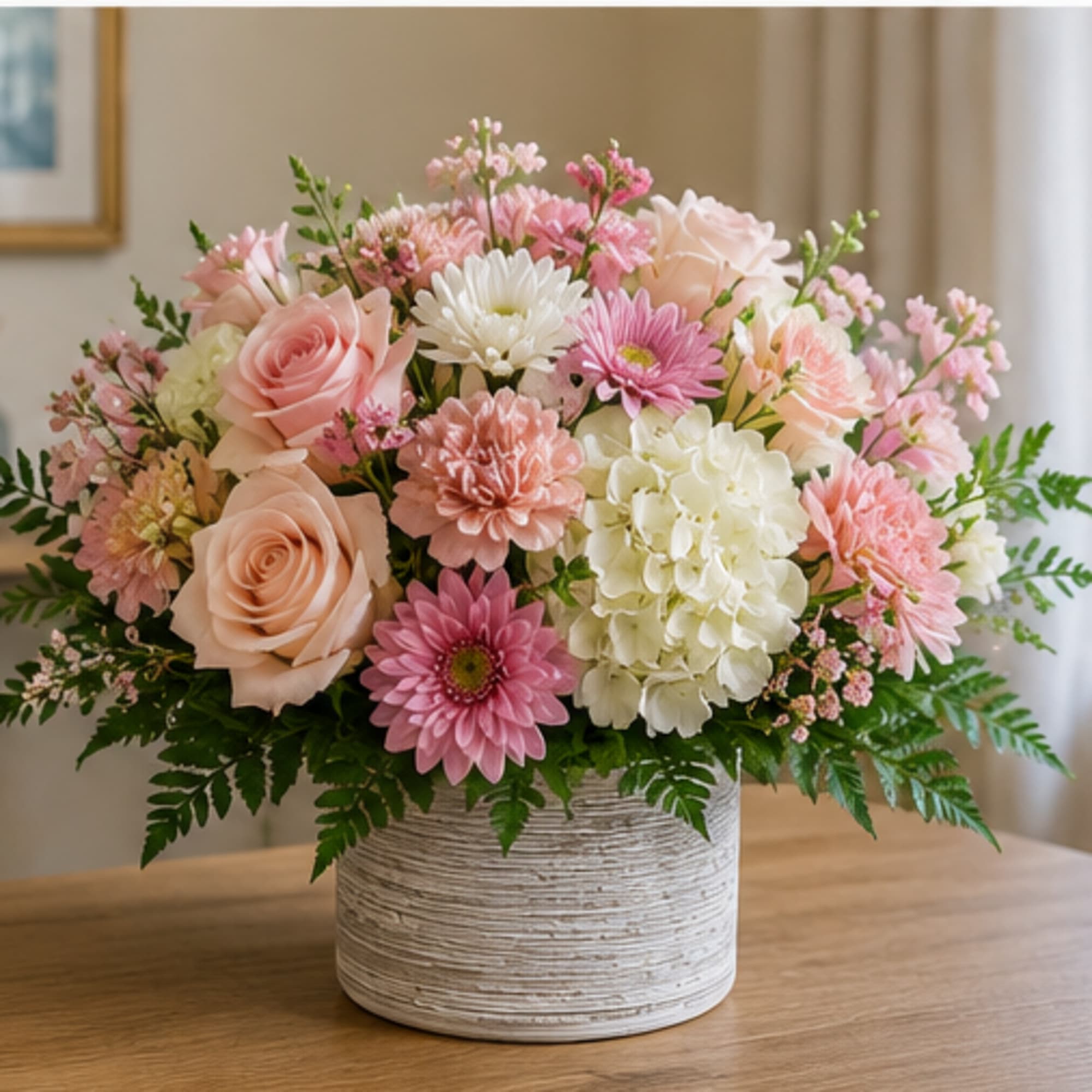 A lush rounded bouquet of blush pink, peach, and creamy white blooms