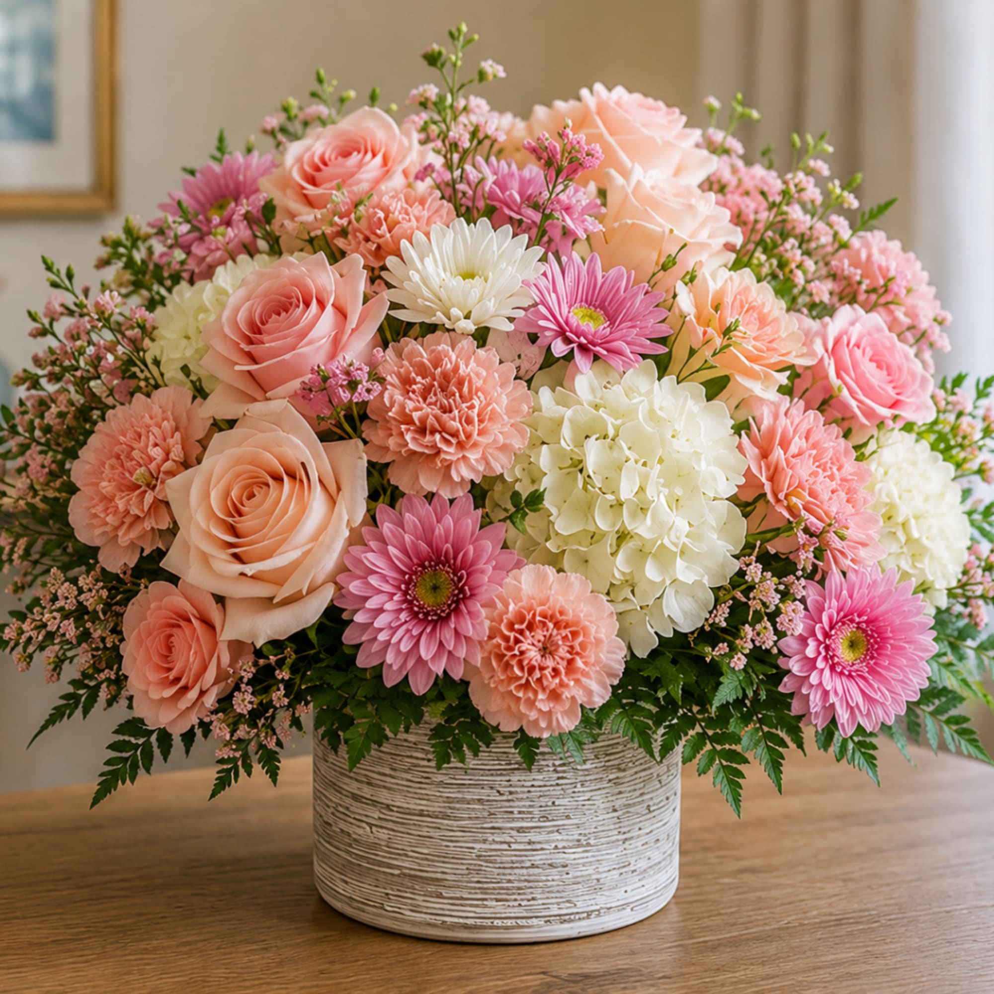 Pink and peach mixed flower arrangement in a white textured vase