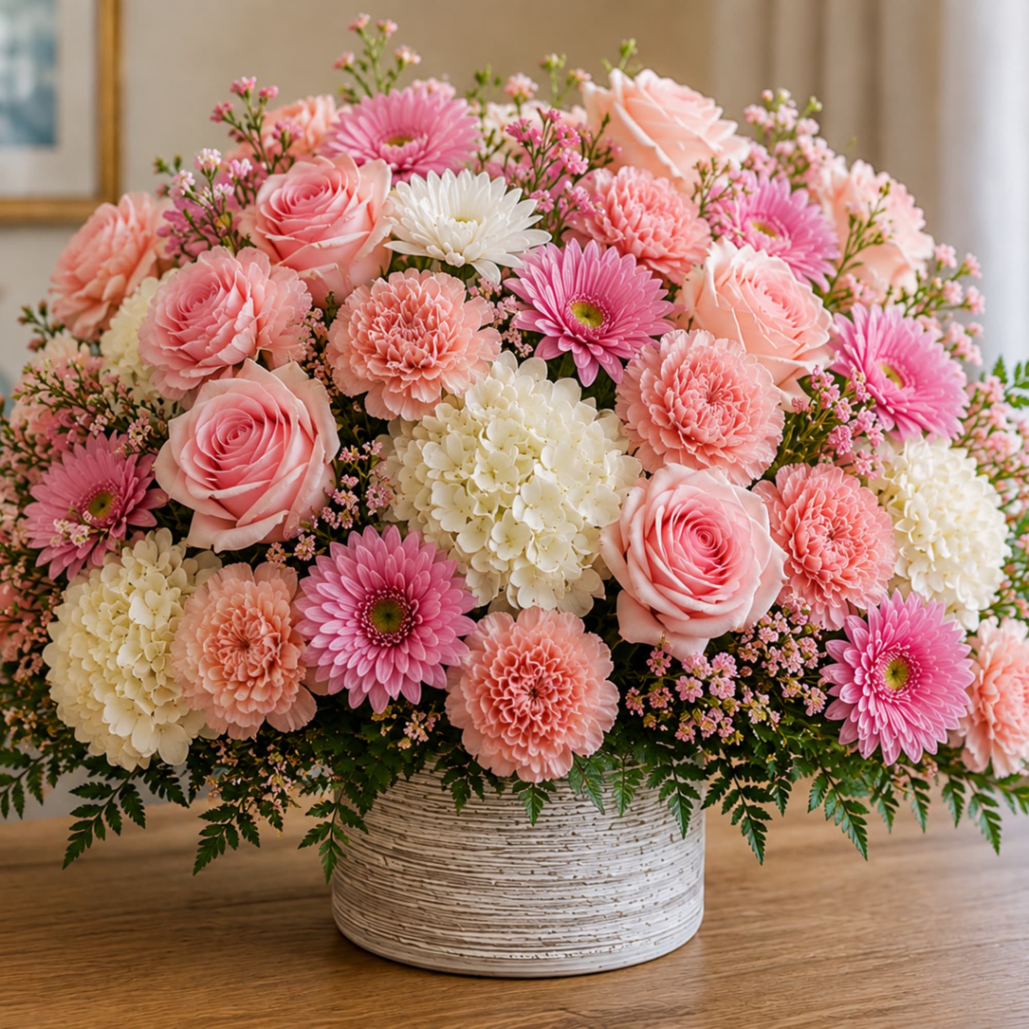 Pink and white mixed flower arrangement in a white vase