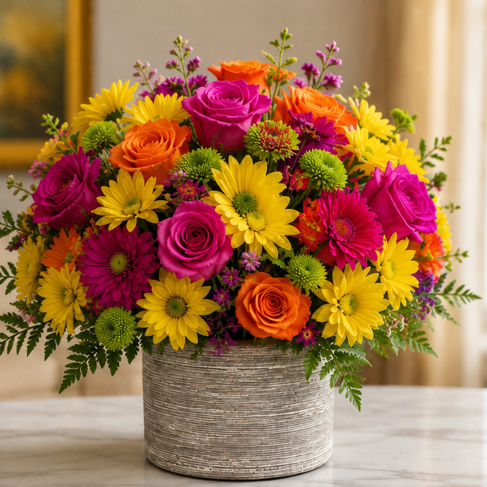 Bright mixed bouquet of roses and daisies in a textured round vase