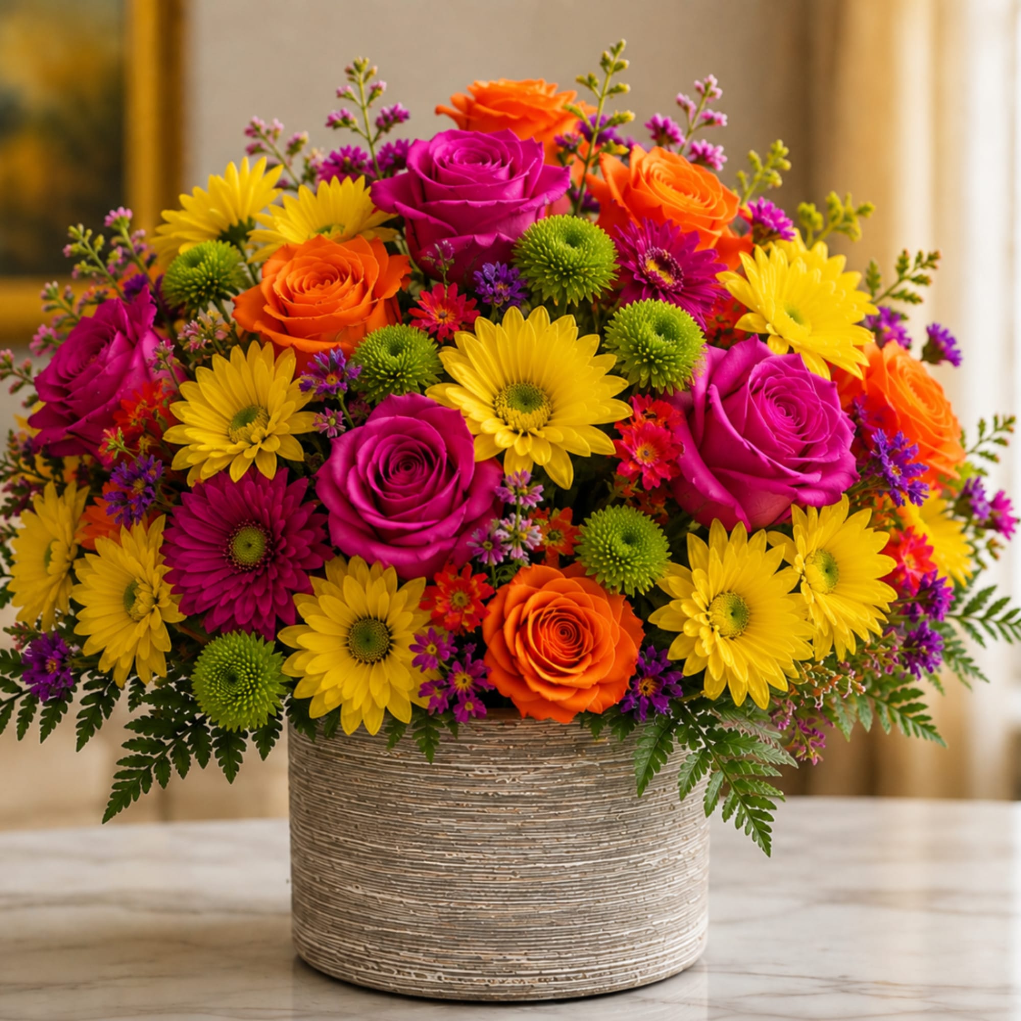 Bright mixed bouquet in a textured round vase with roses and daisies