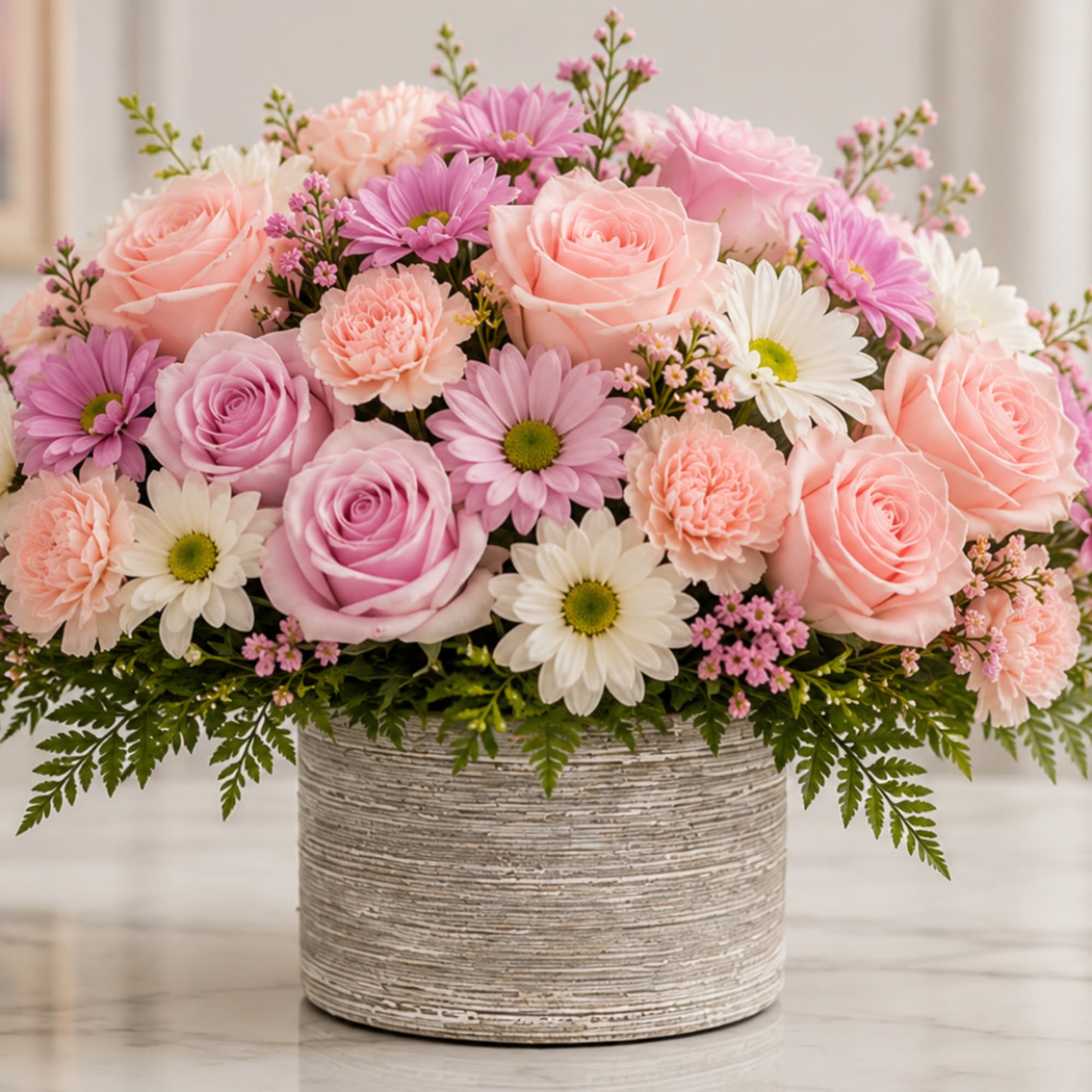 Pink and white mixed flower arrangement in a textured round vase