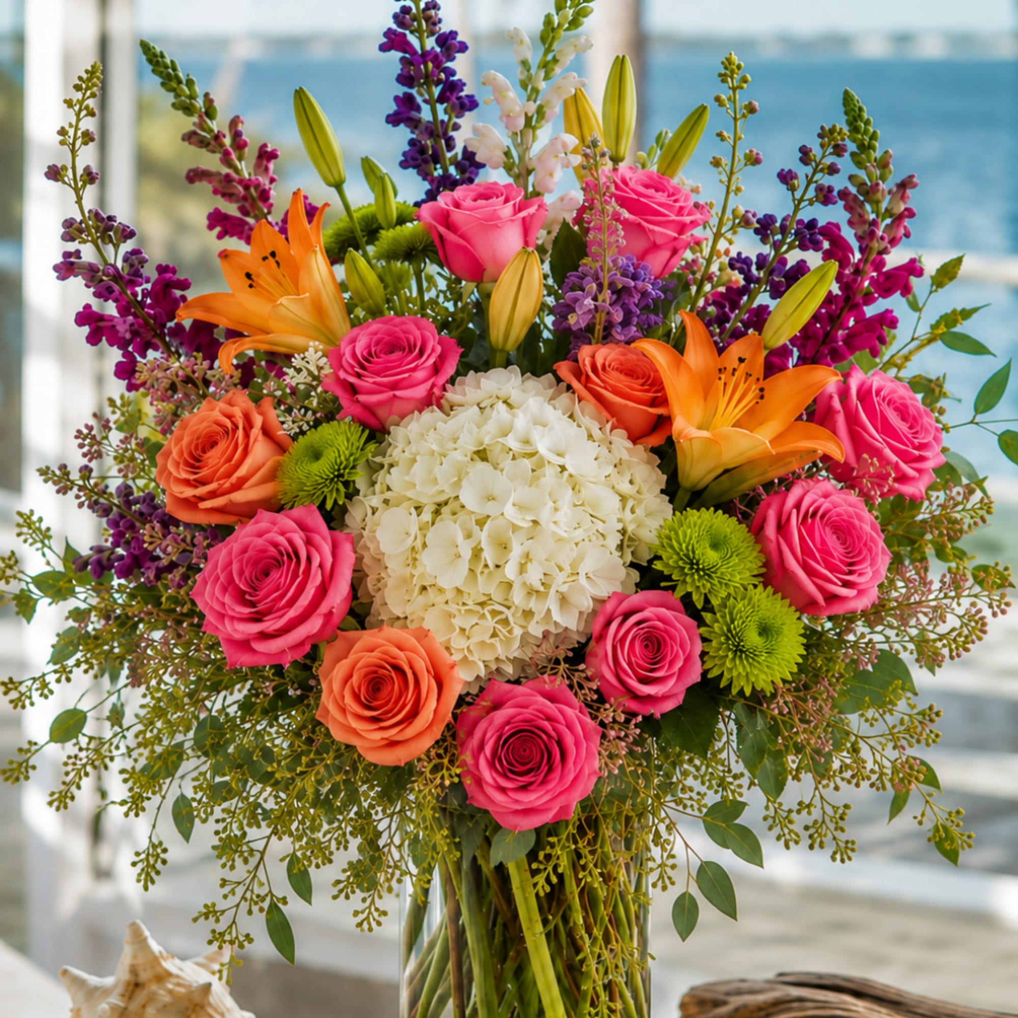 Colorful bouquet of roses, lilies, hydrangea, and purple filler flowers in a glass vase