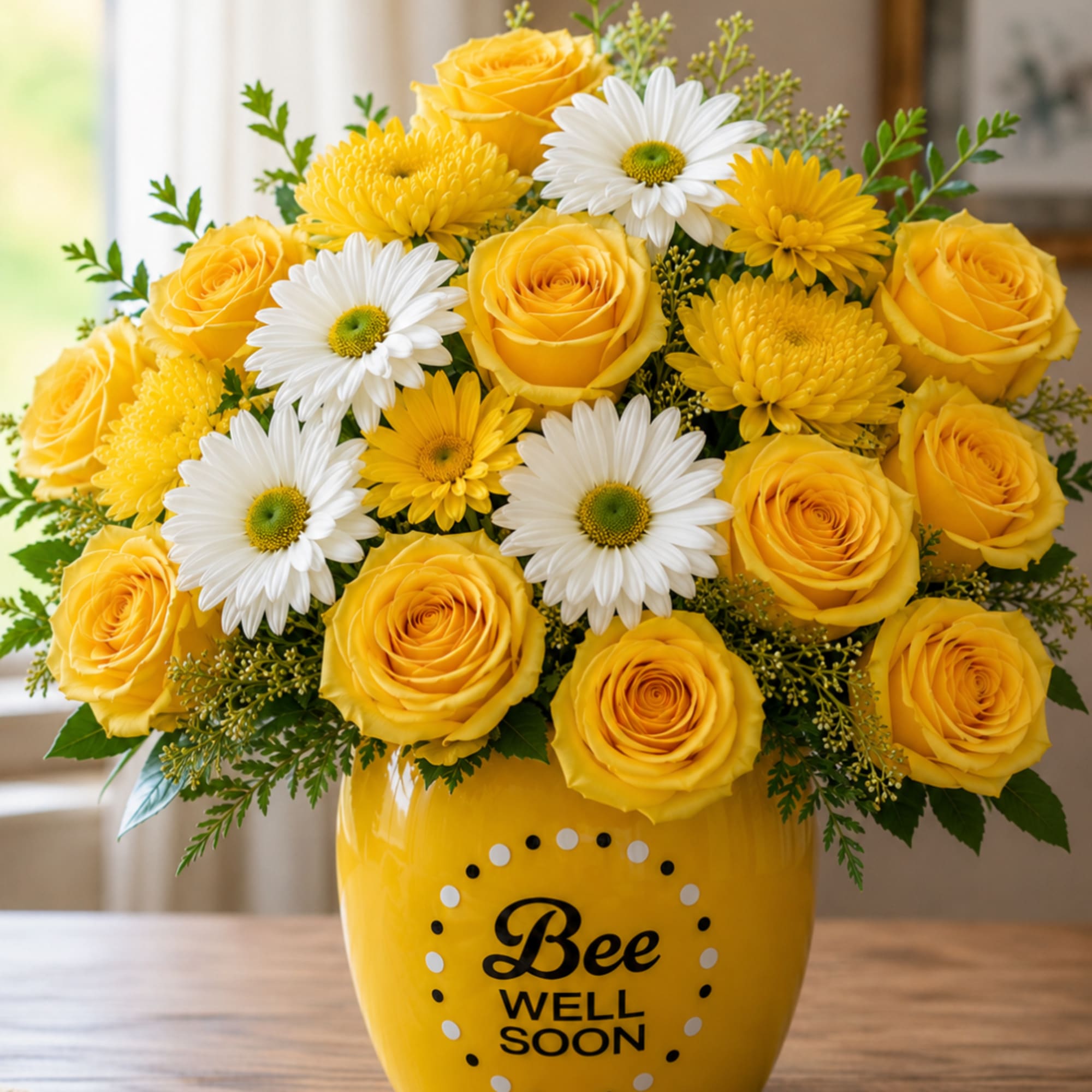 Yellow roses and white daisies in a yellow vase with "Bee Well Soon" text