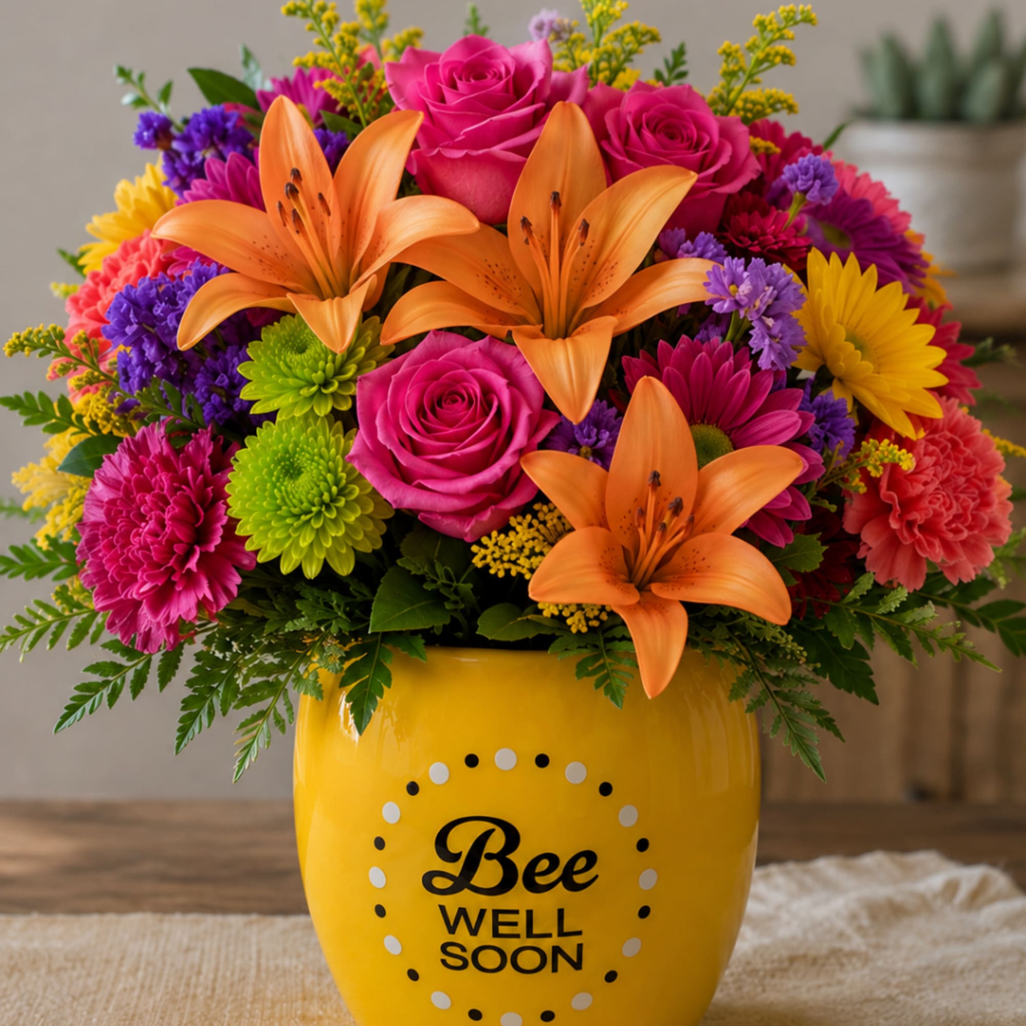 Bright mixed bouquet in a yellow vase with a "Bee Well Soon" message