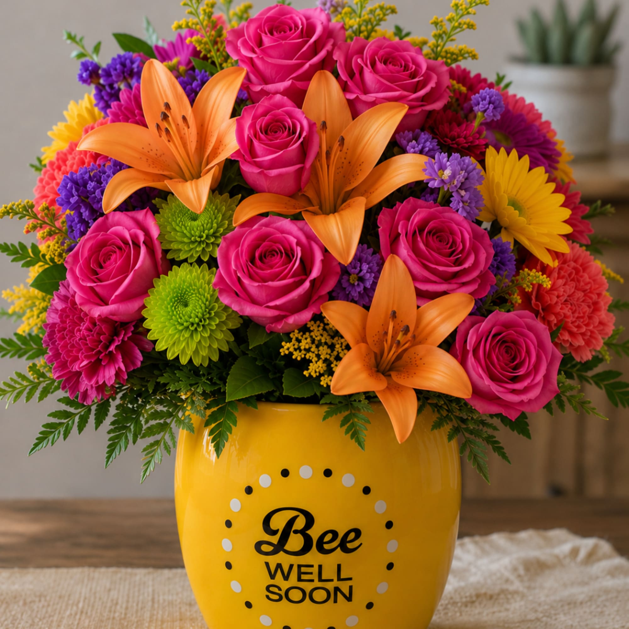 Bright mixed bouquet in a yellow vase with "Bee Well Soon" text