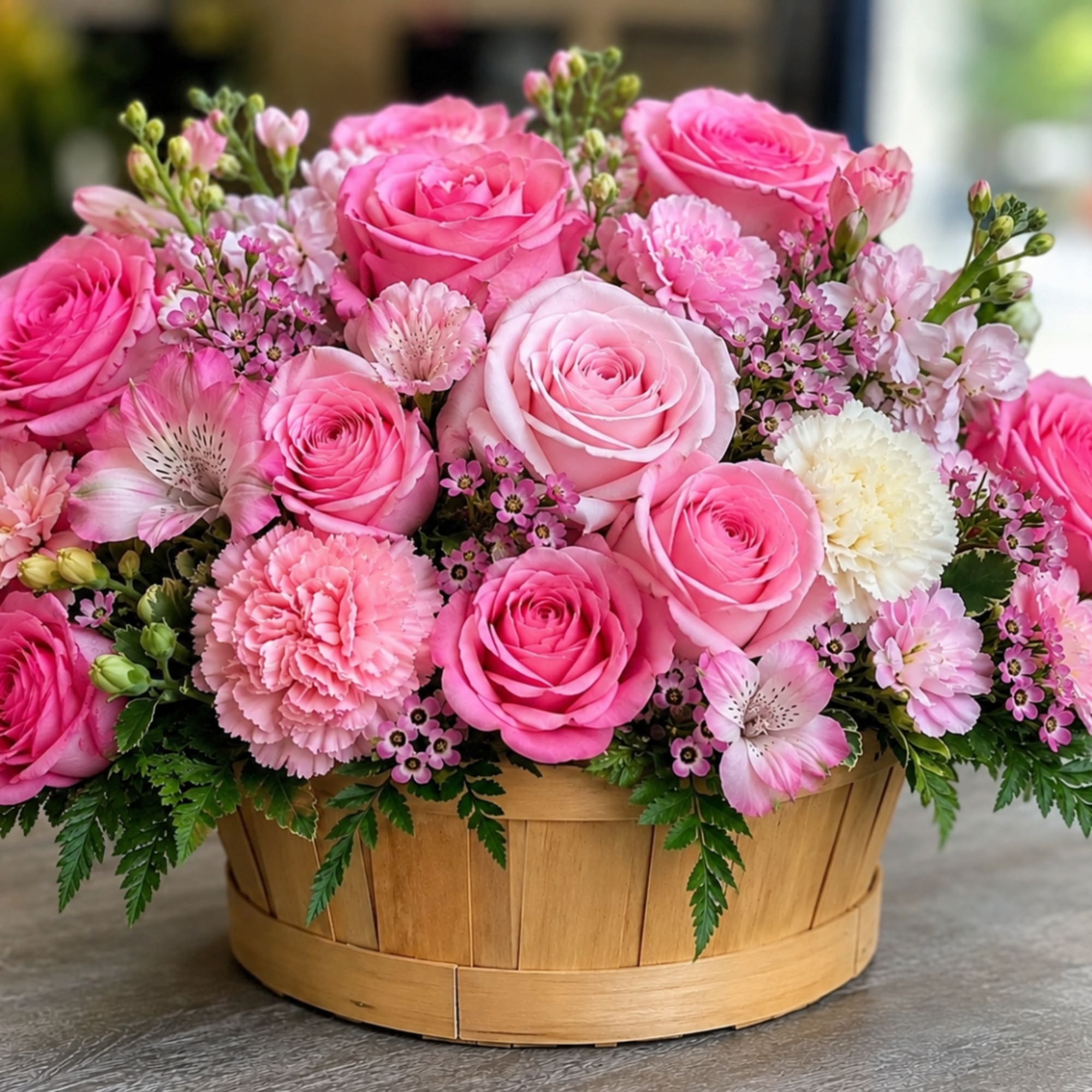 Pink roses and carnations in a round wooden basket