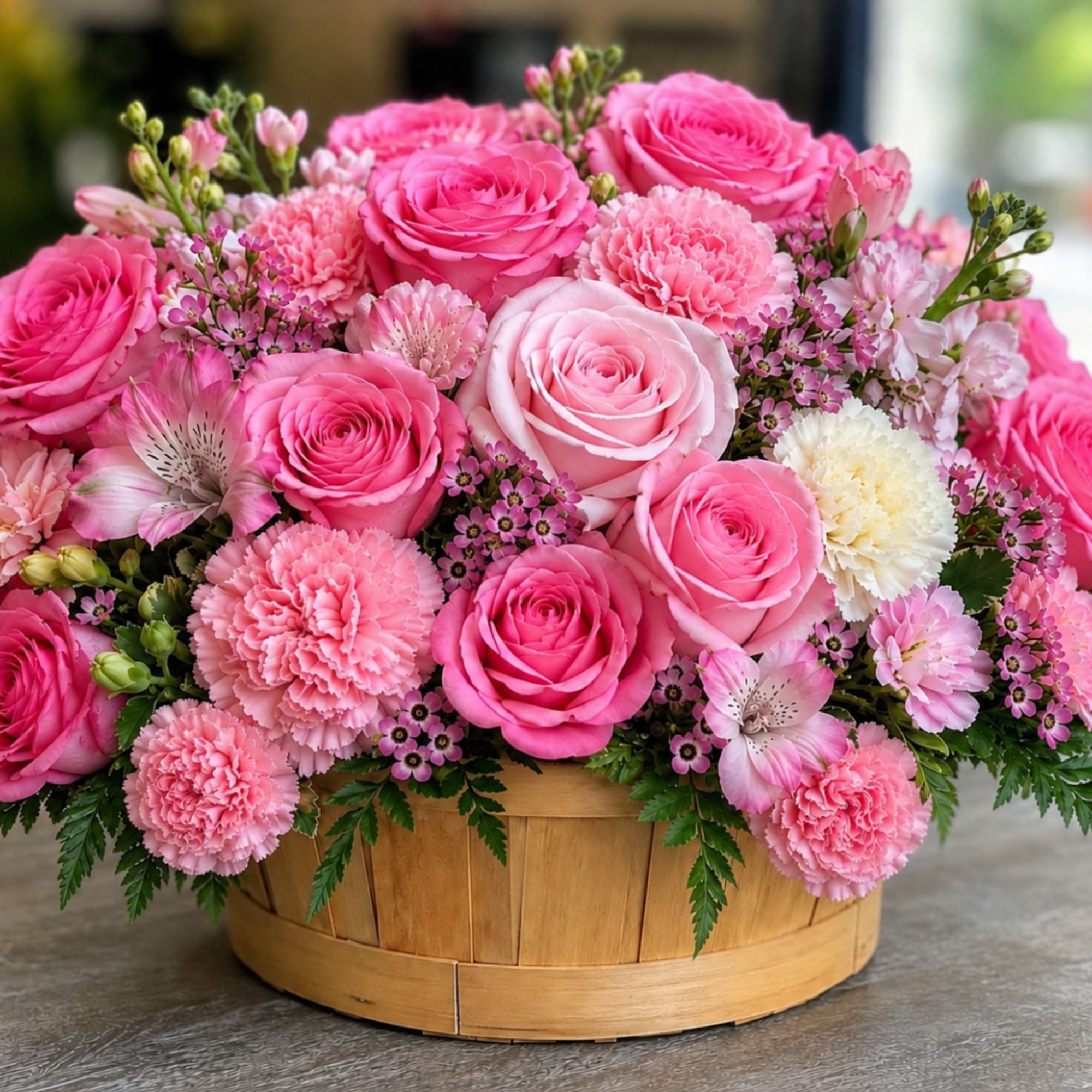 Pink roses and carnations arranged in a round wooden basket