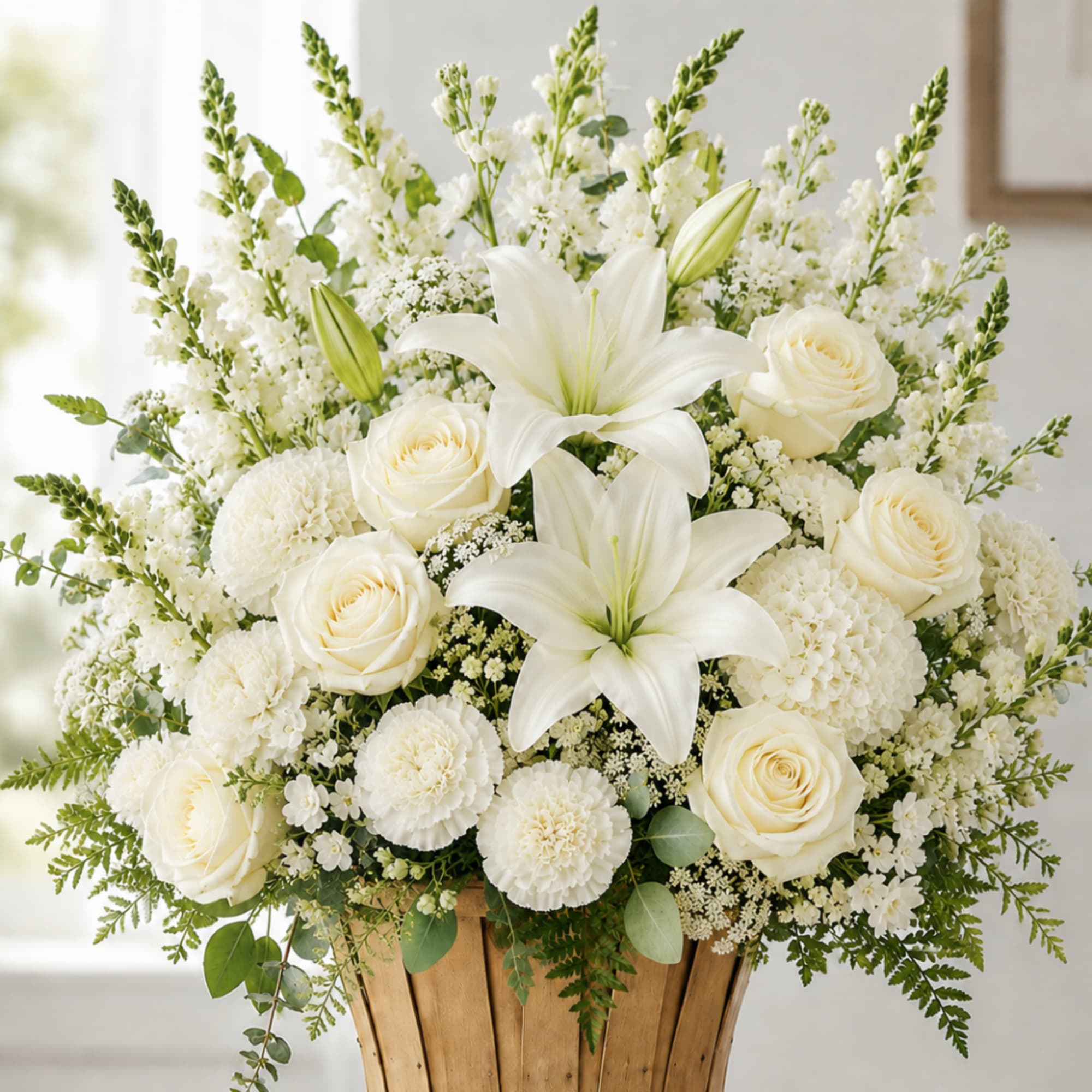 White lilies and roses arranged in a wooden basket